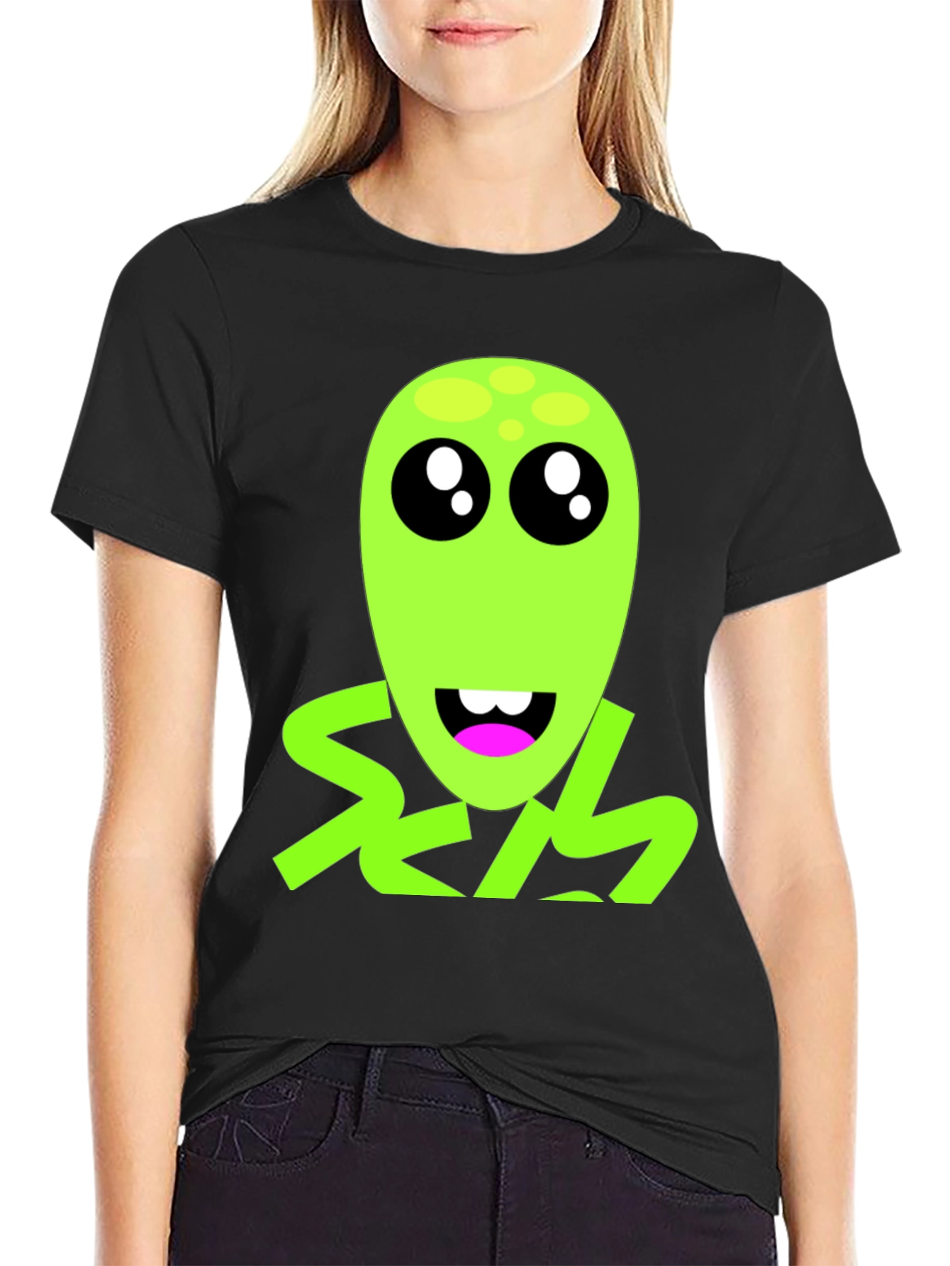 Funny Alien Graphic T-Shirt - Black Crew Neck