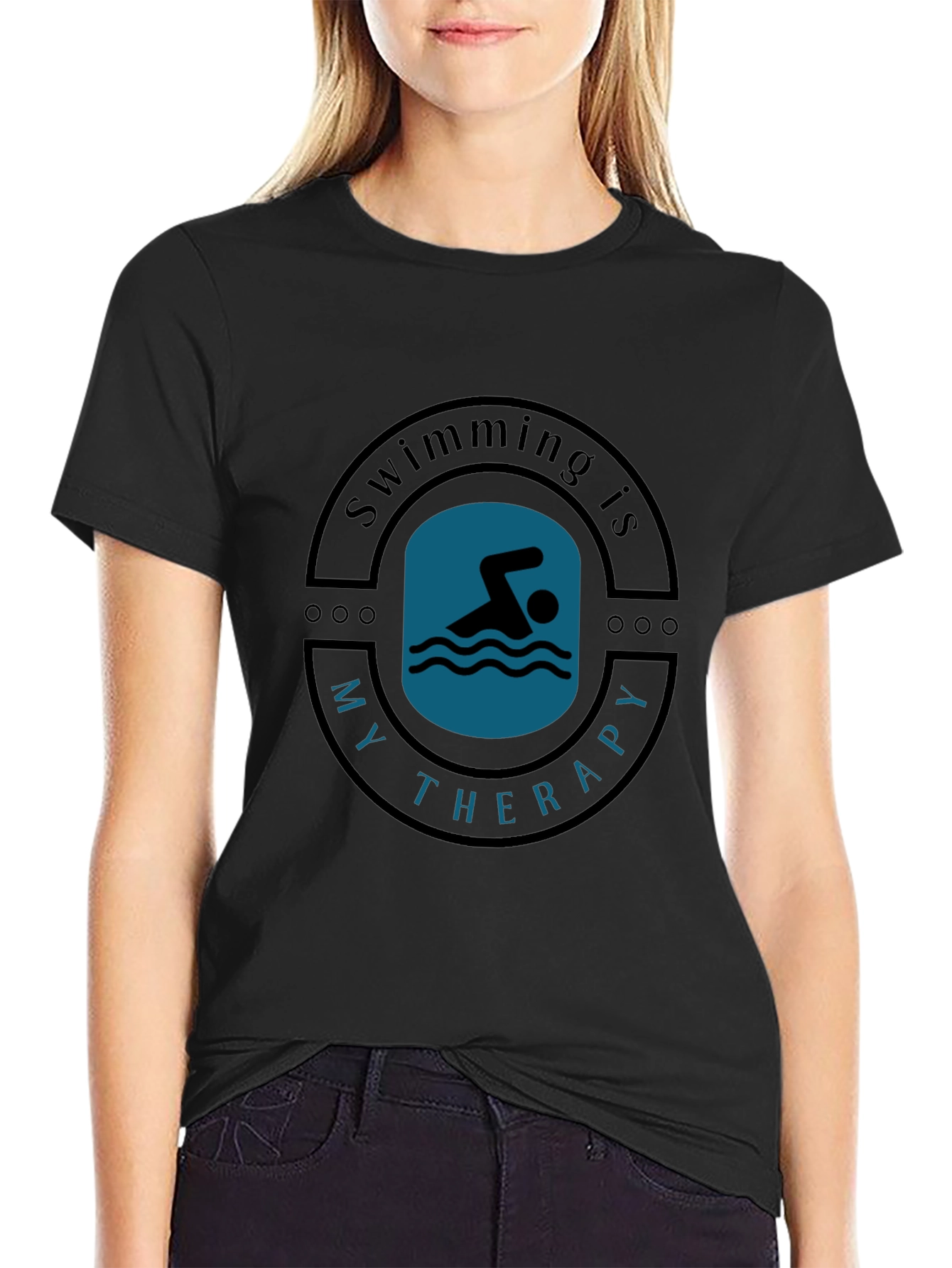 Swimming is My Therapy Black T-Shirt