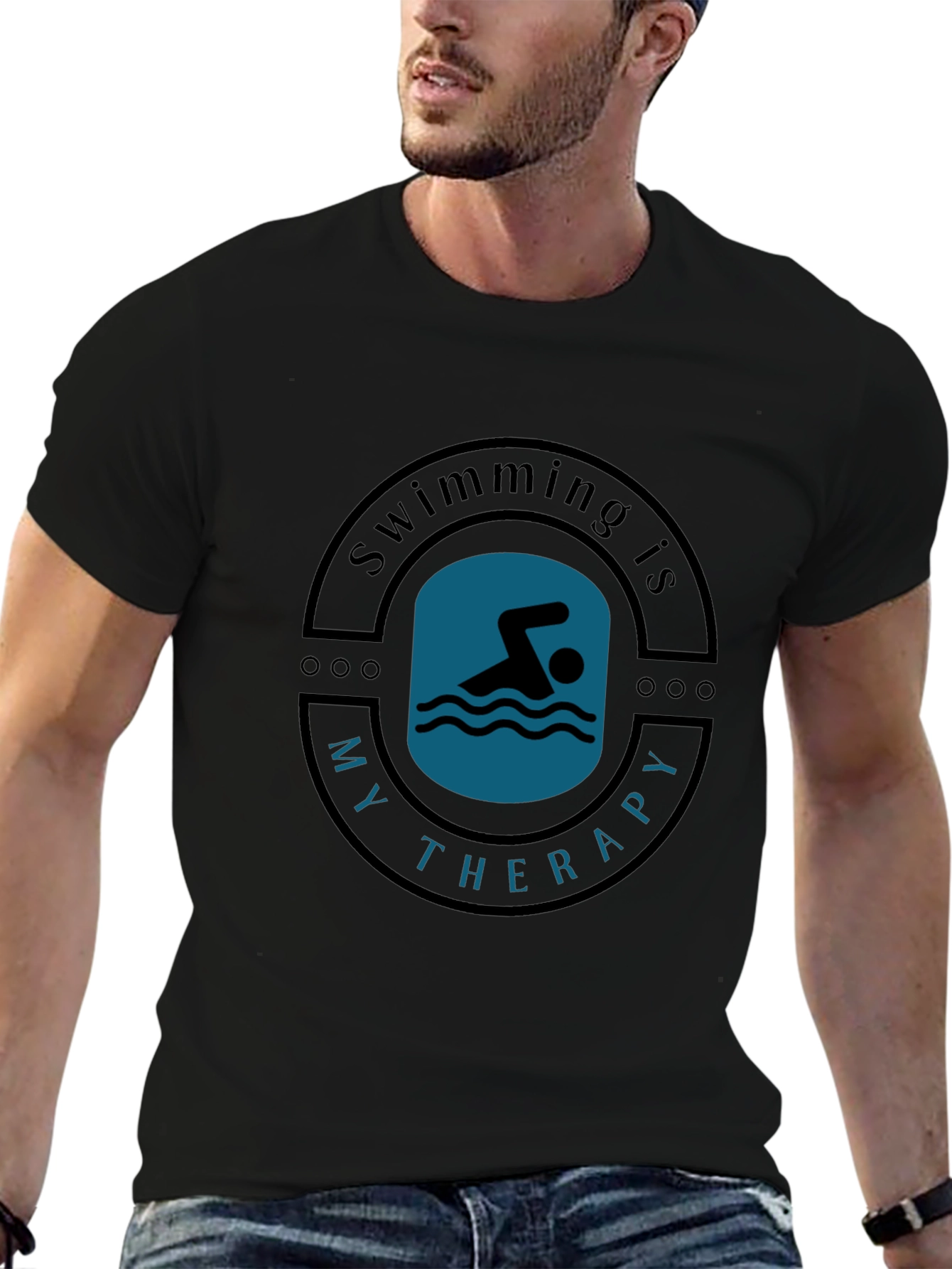 Swimming is My Therapy Black T-Shirt