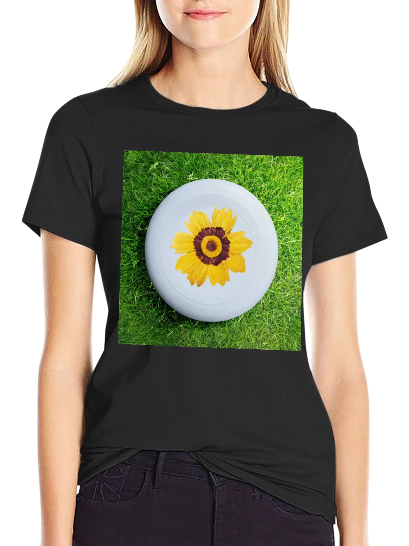 Black T-Shirt with Floral Disc Design