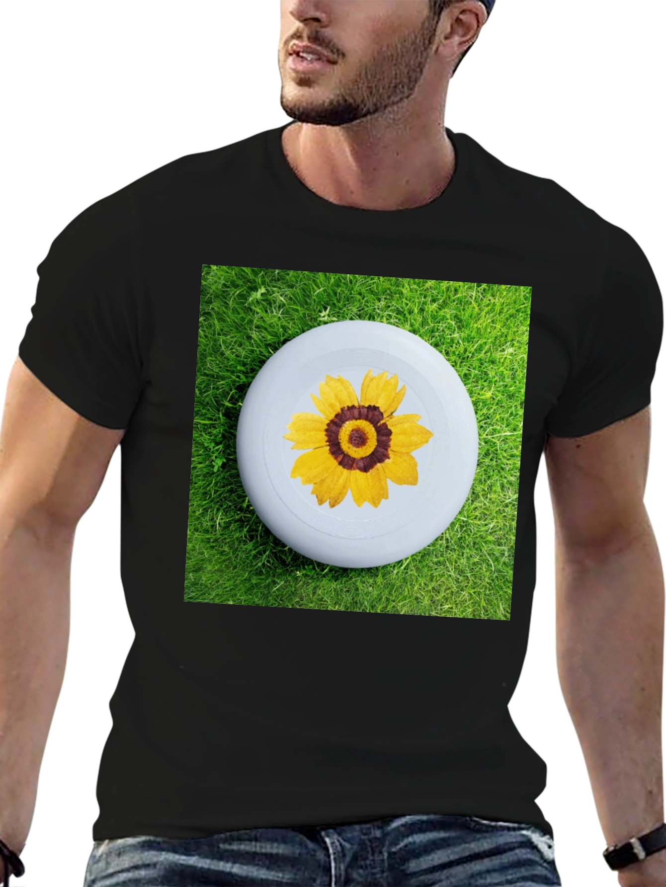Black T-Shirt with Floral Disc Design