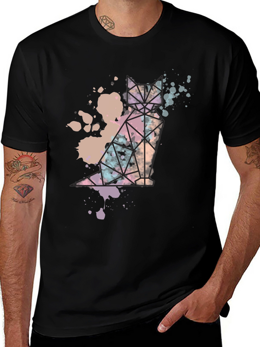 Geometric Cat Graphic T-Shirt - Abstract Design