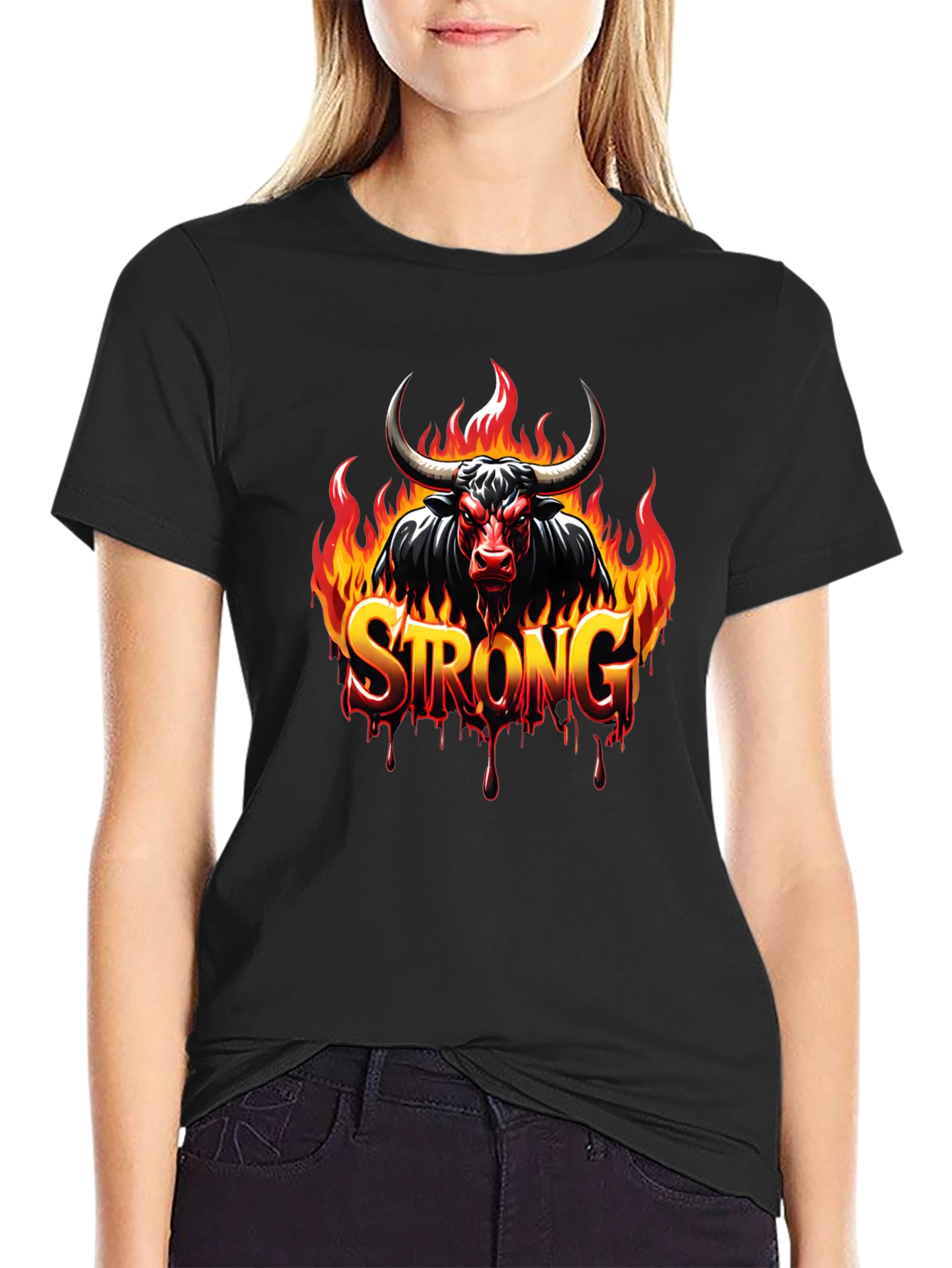 Fiery Bull Strong Graphic Black T-Shirt