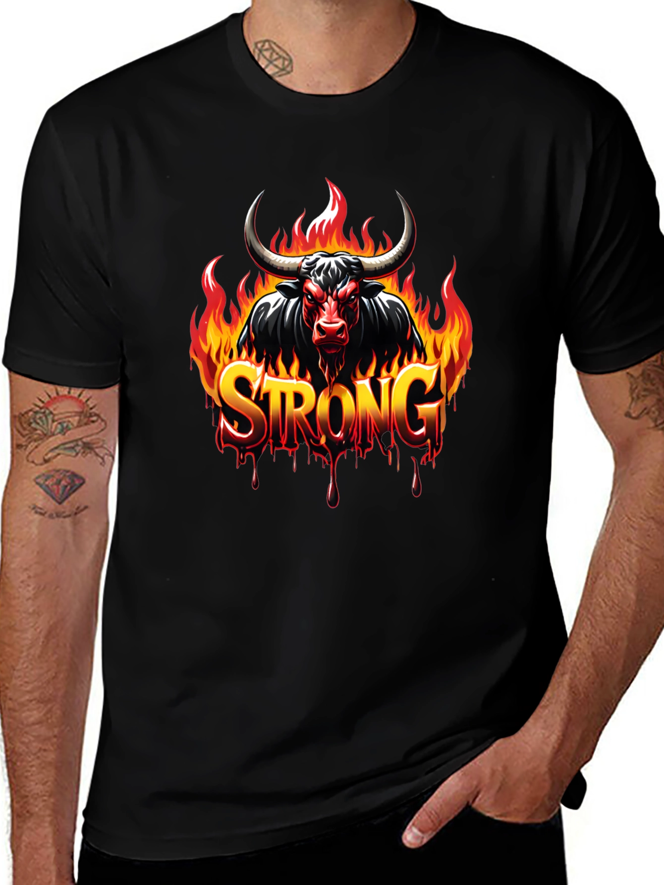 Fiery Bull Strong Graphic Black T-Shirt