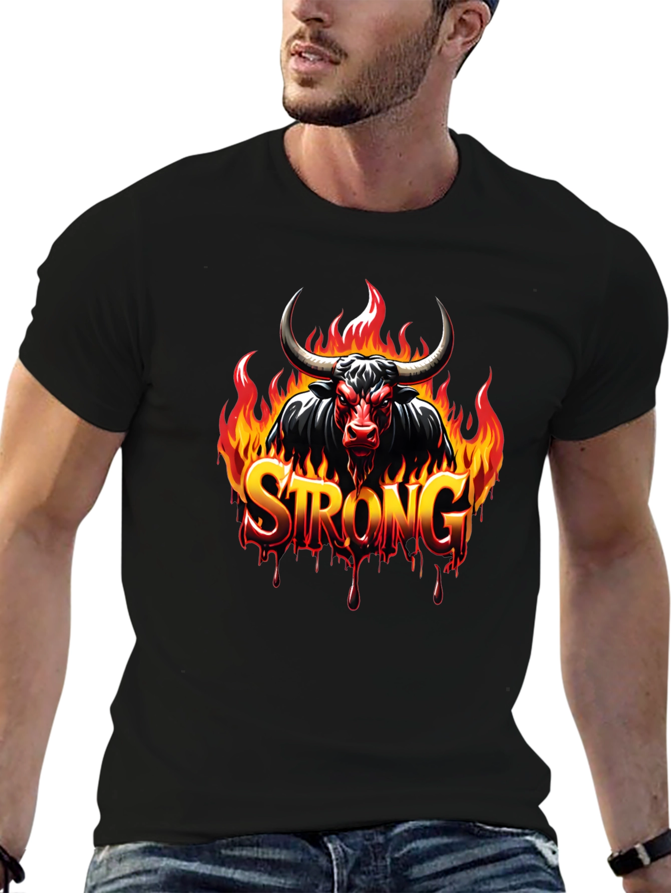 Fiery Bull Strong Graphic Black T-Shirt