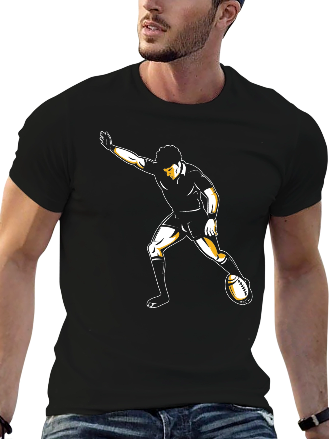 Rugby Player Graphic Tee - Black Cotton