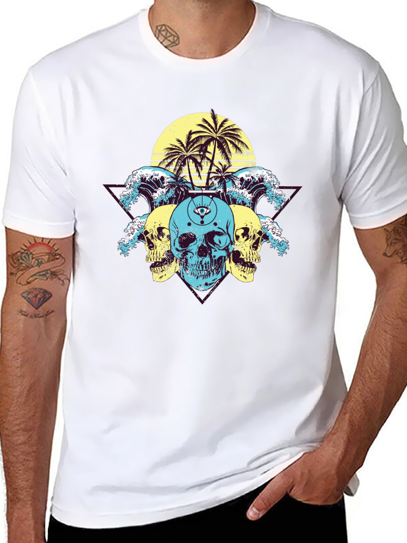 Skull Wave Palm Tree Graphic T-Shirt