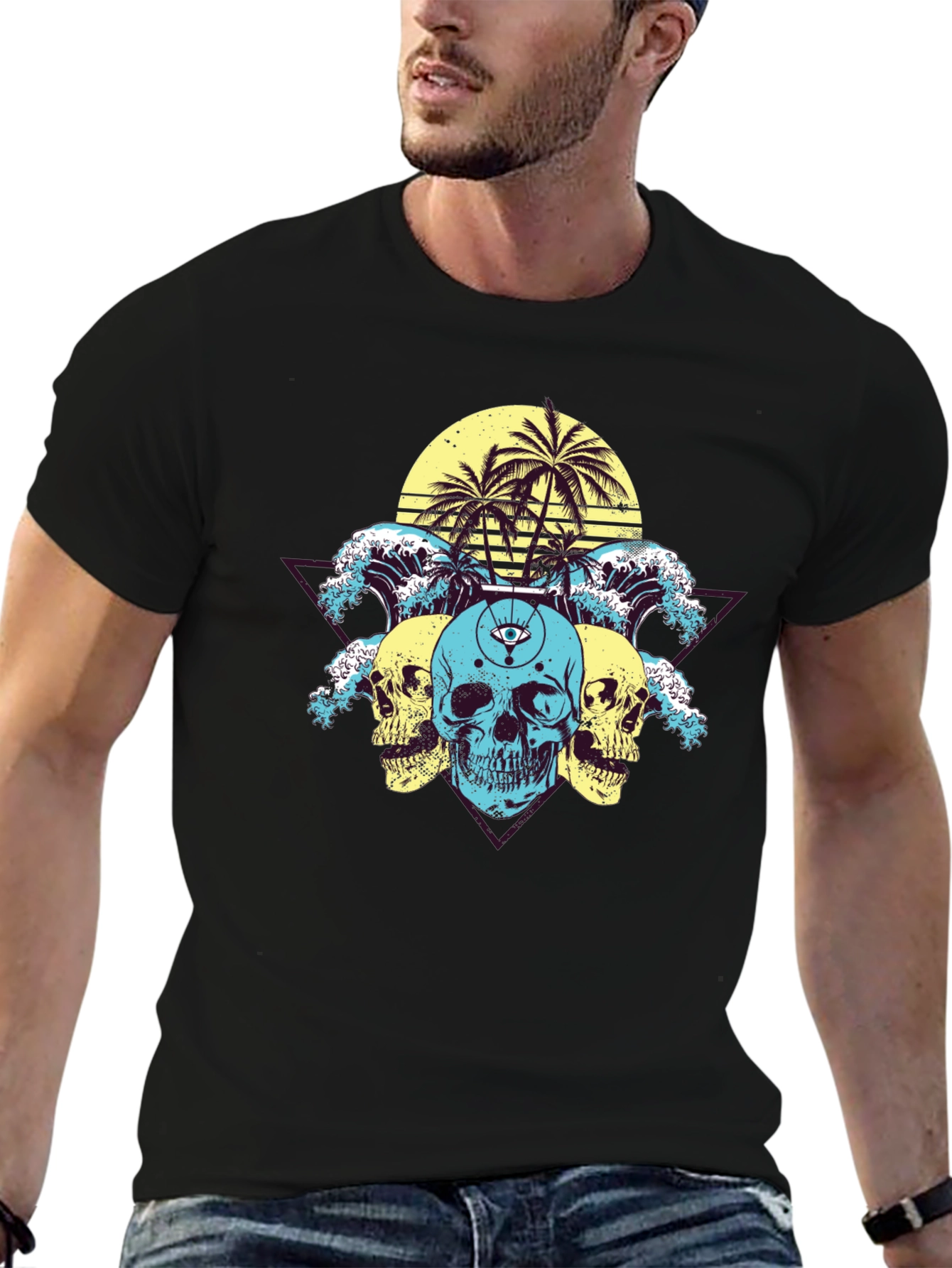 Skull Wave Palm Tree Graphic T-Shirt