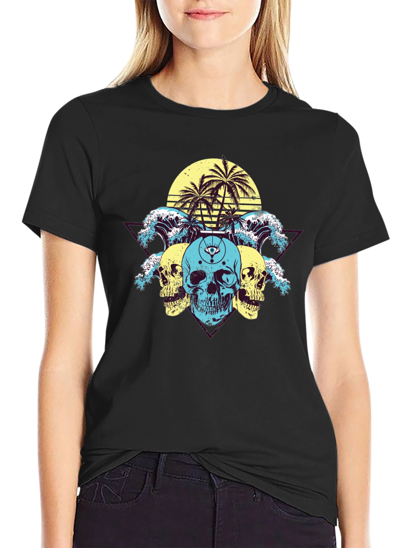 Skull Wave Palm Tree Graphic T-Shirt