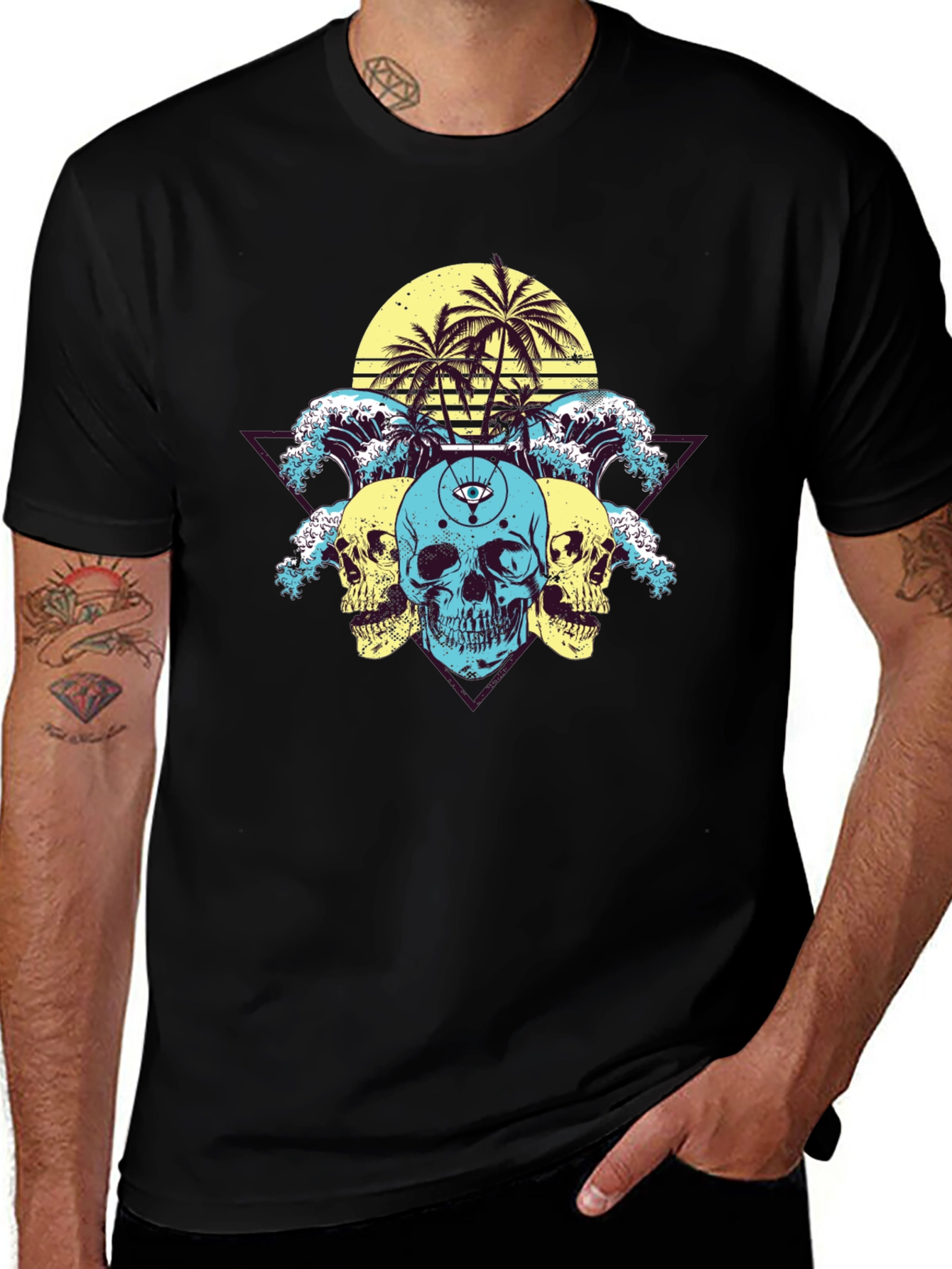 Skull Wave Palm Tree Graphic T-Shirt