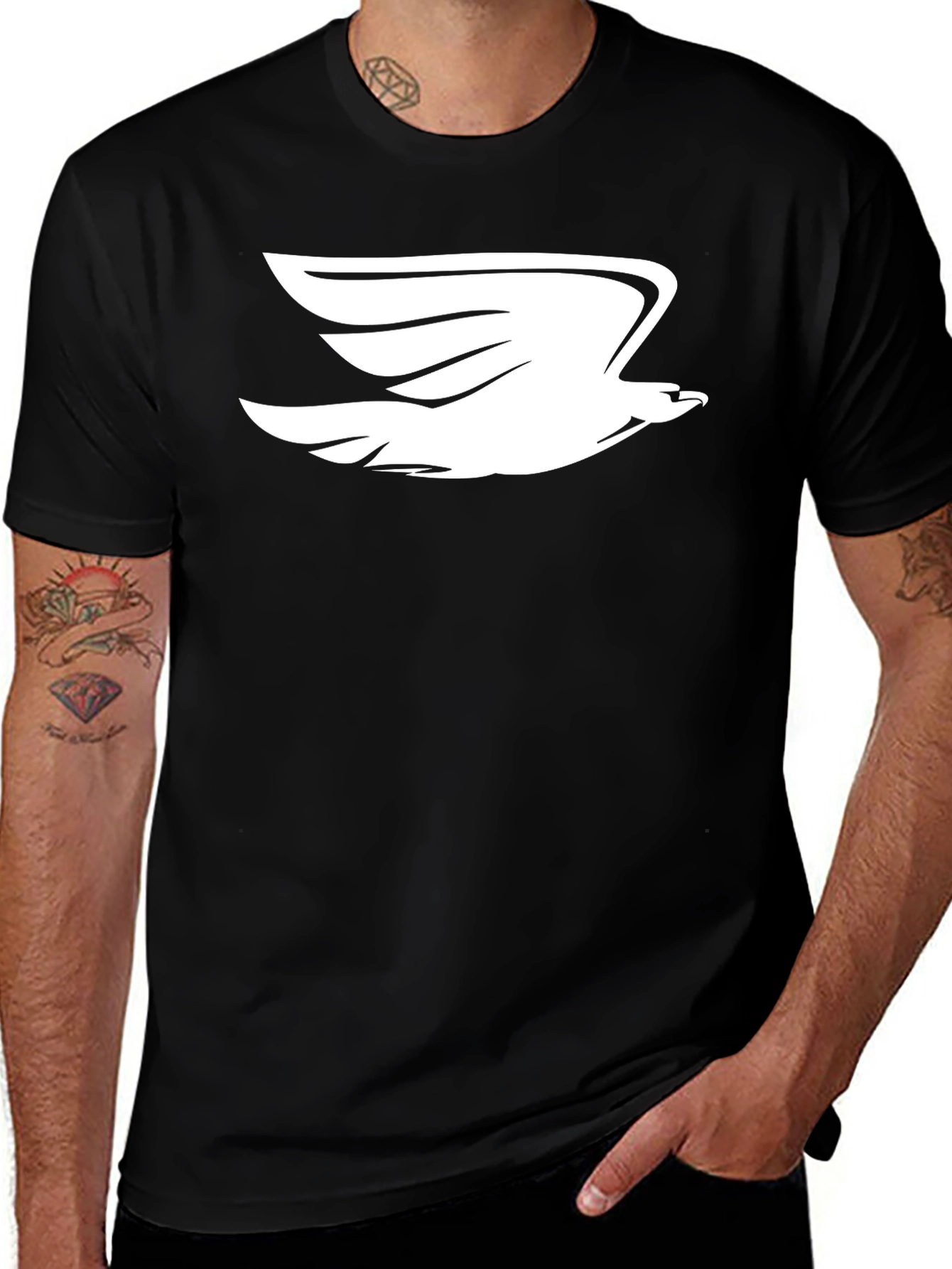 Black T-Shirt with White Flying Bird Graphic