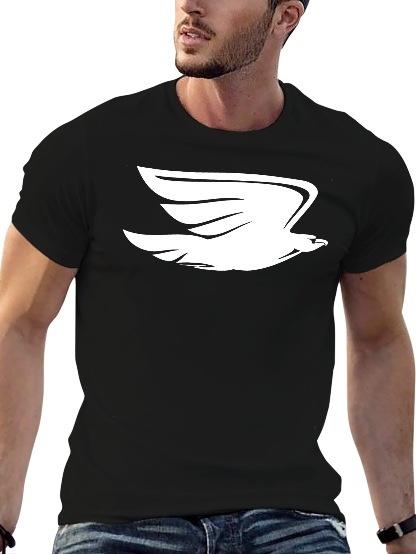 Black T-Shirt with White Flying Bird Graphic