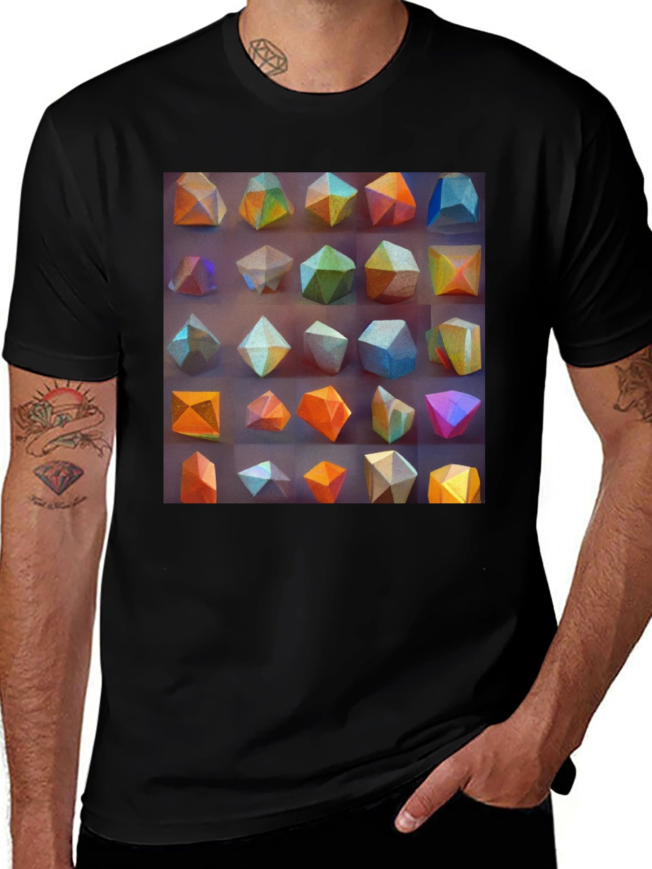Geometric Crystal Print Mens Black T-Shirt