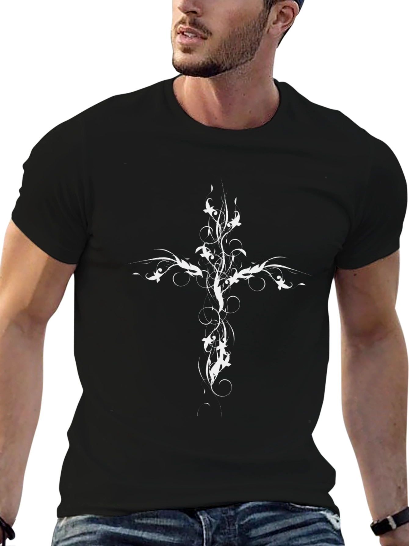 Black T-Shirt with Ornate Cross Design