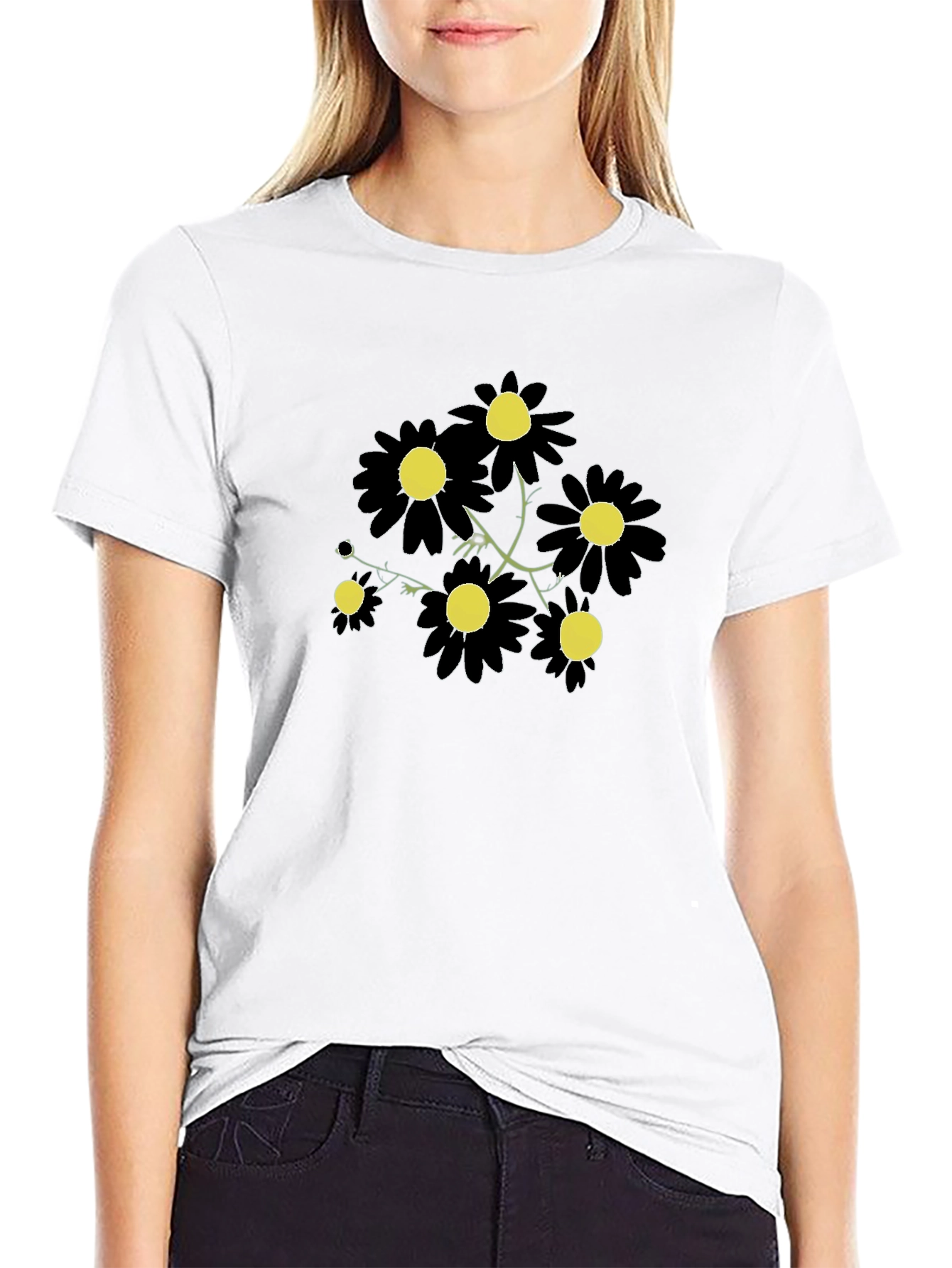 Black Daisy Graphic Tee - Stylish Floral Print