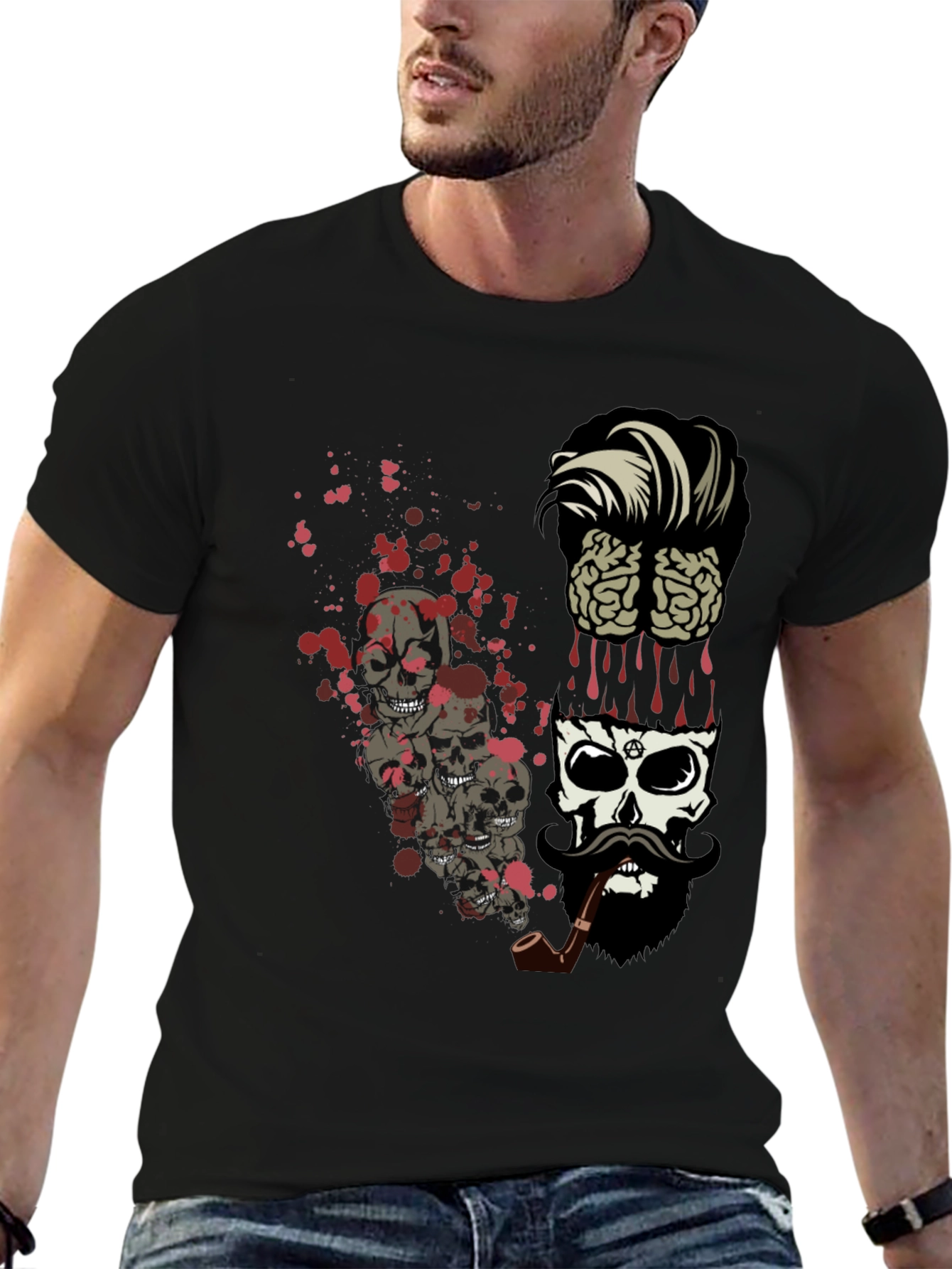 Skull & Brain Graphic Print Black T-Shirt