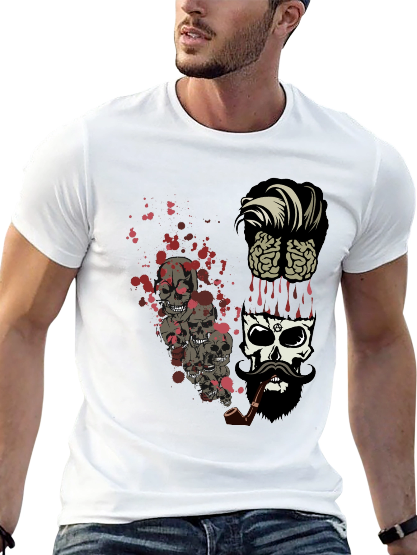 Skull & Brain Graphic Print Black T-Shirt