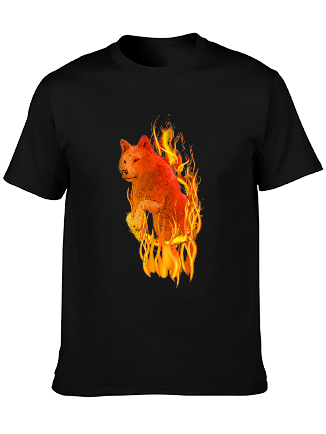 Fiery Wolf Graphic Tee - Black Cotton T-Shirt