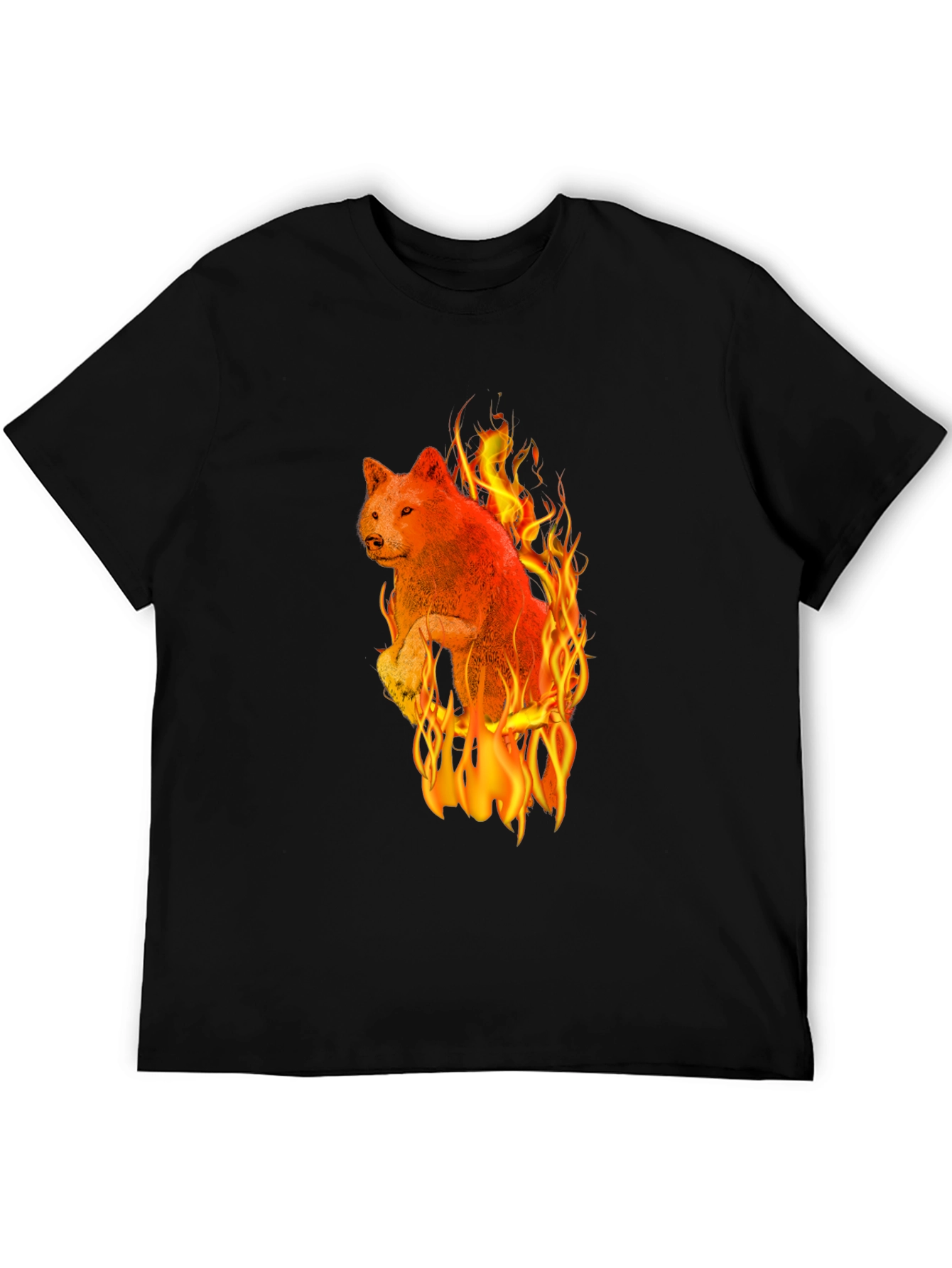 Fiery Wolf Graphic Tee - Black Cotton T-Shirt