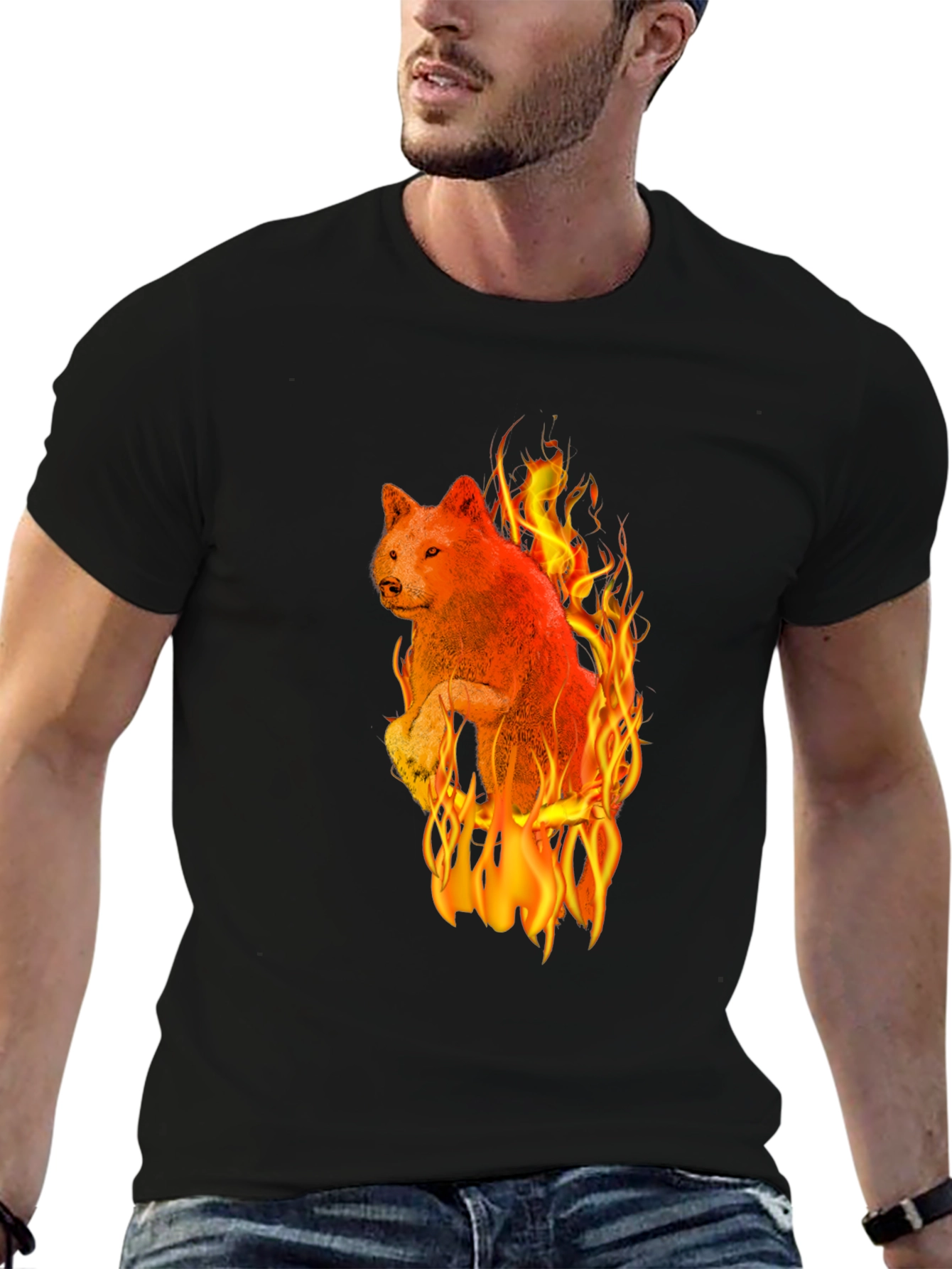 Fiery Wolf Graphic Tee - Black Cotton T-Shirt