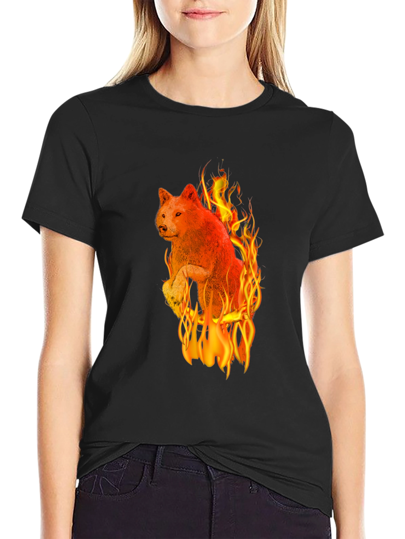 Fiery Wolf Graphic Tee - Black Cotton T-Shirt