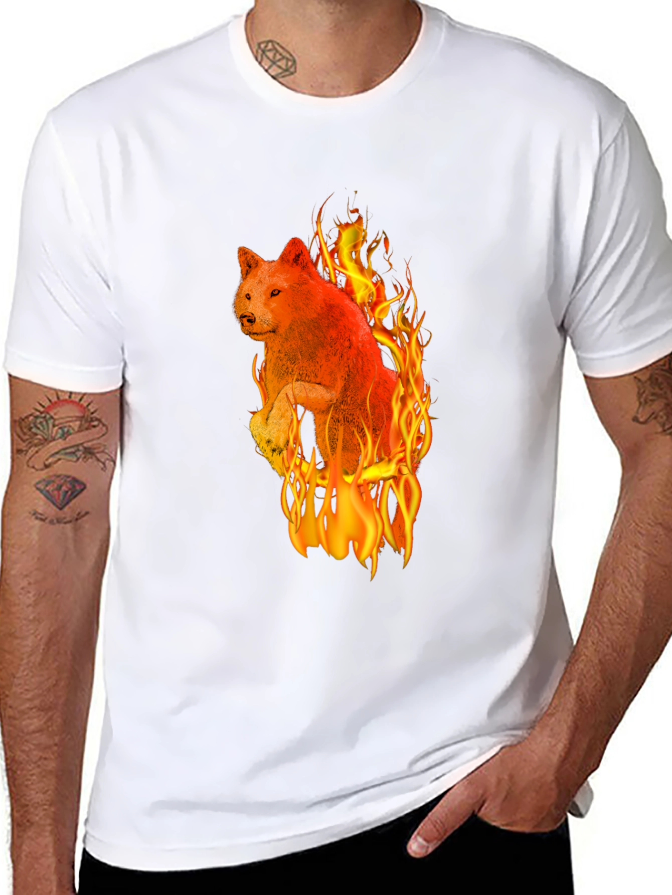 Fiery Wolf Graphic Tee - Black Cotton T-Shirt