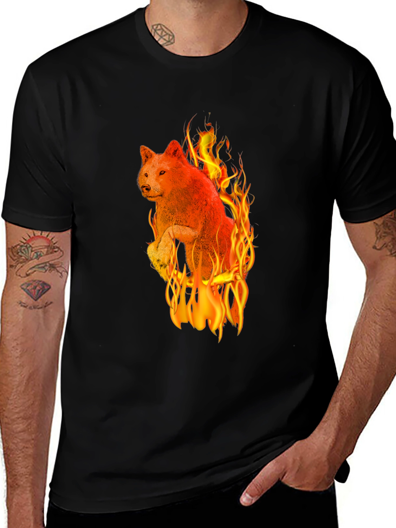 Fiery Wolf Graphic Tee - Black Cotton T-Shirt