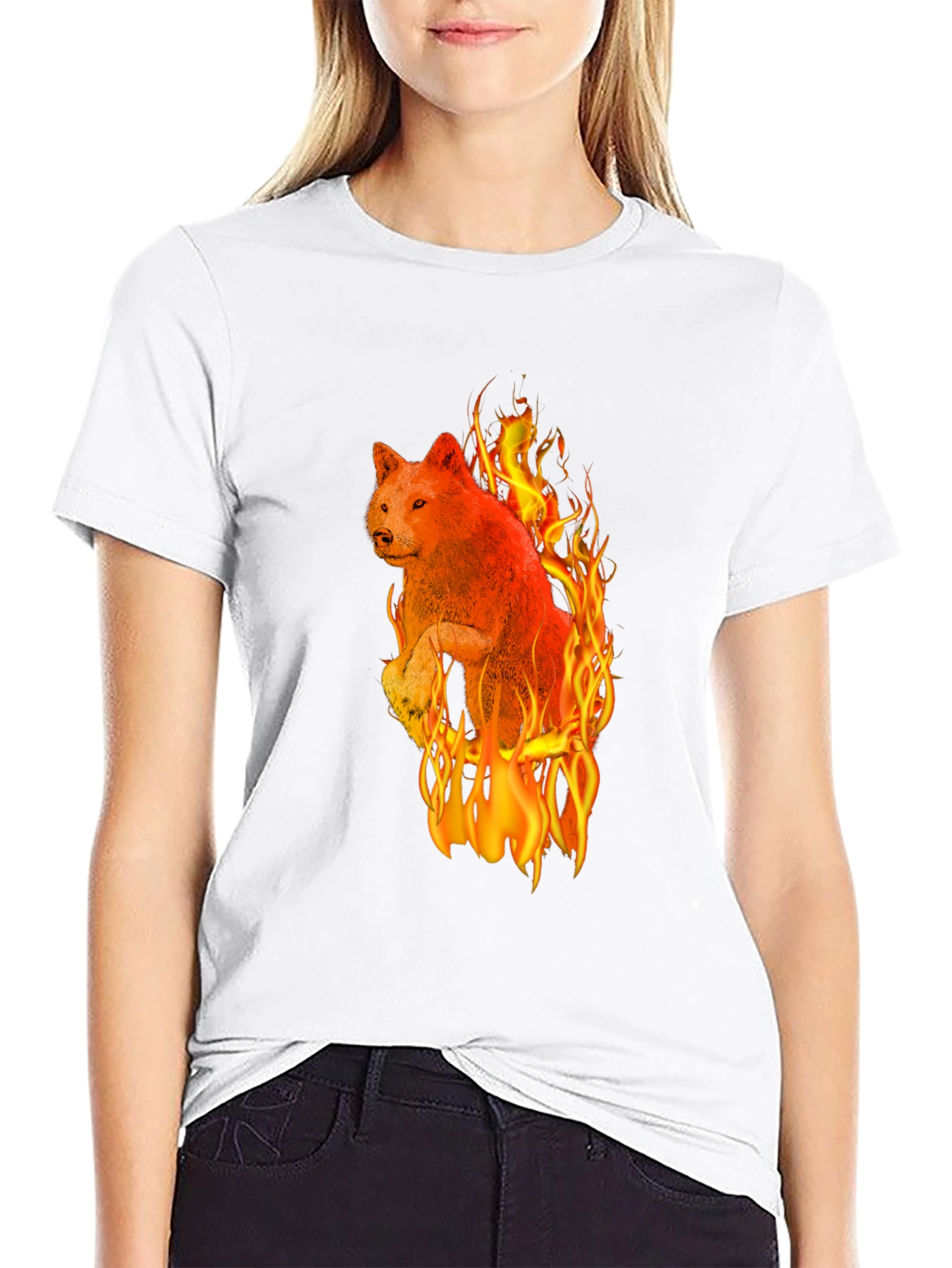 Fiery Wolf Graphic Tee - Black Cotton T-Shirt
