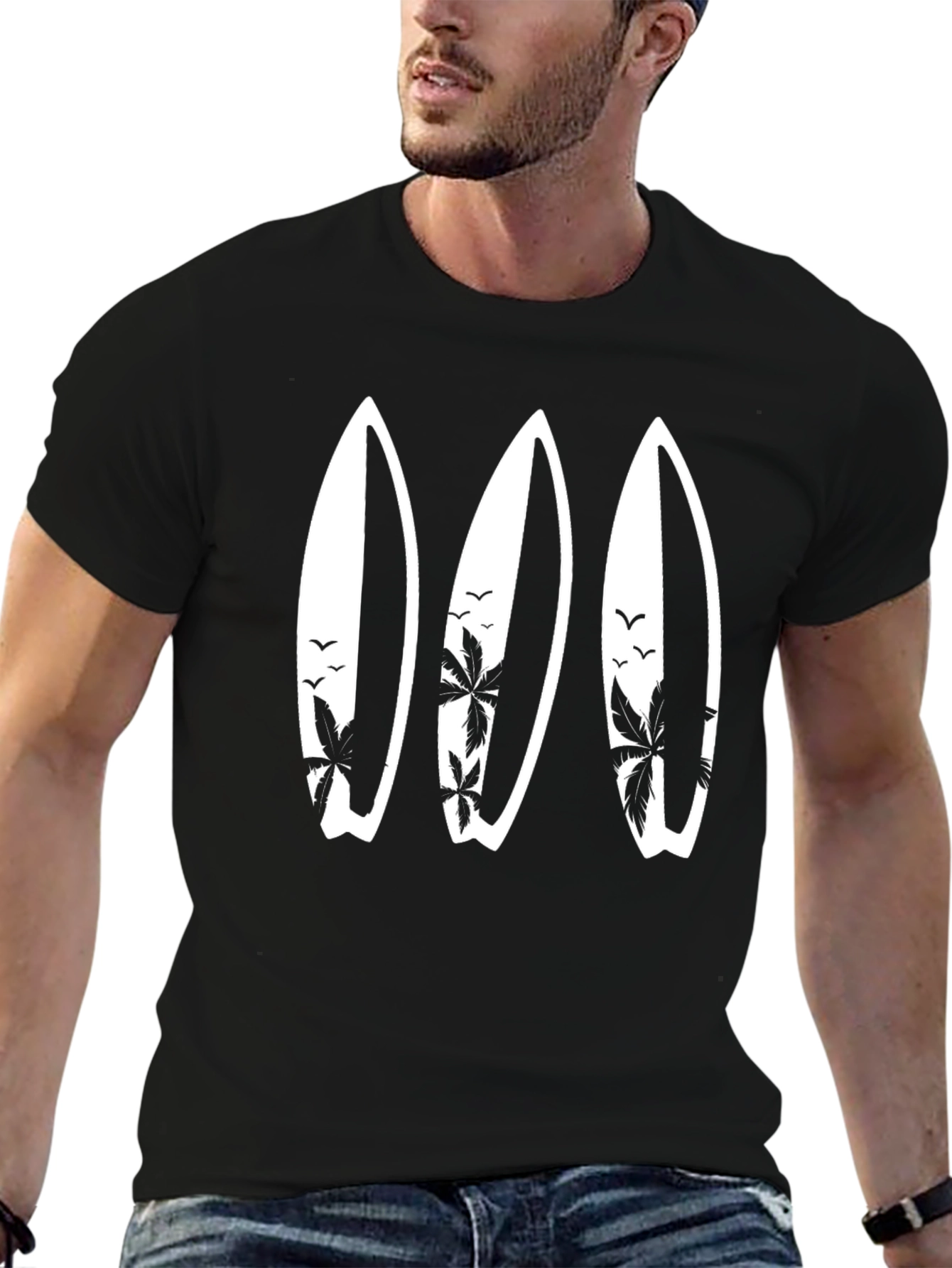 Surfboard Palm Tree Graphic T-Shirt - Beach Style Tee