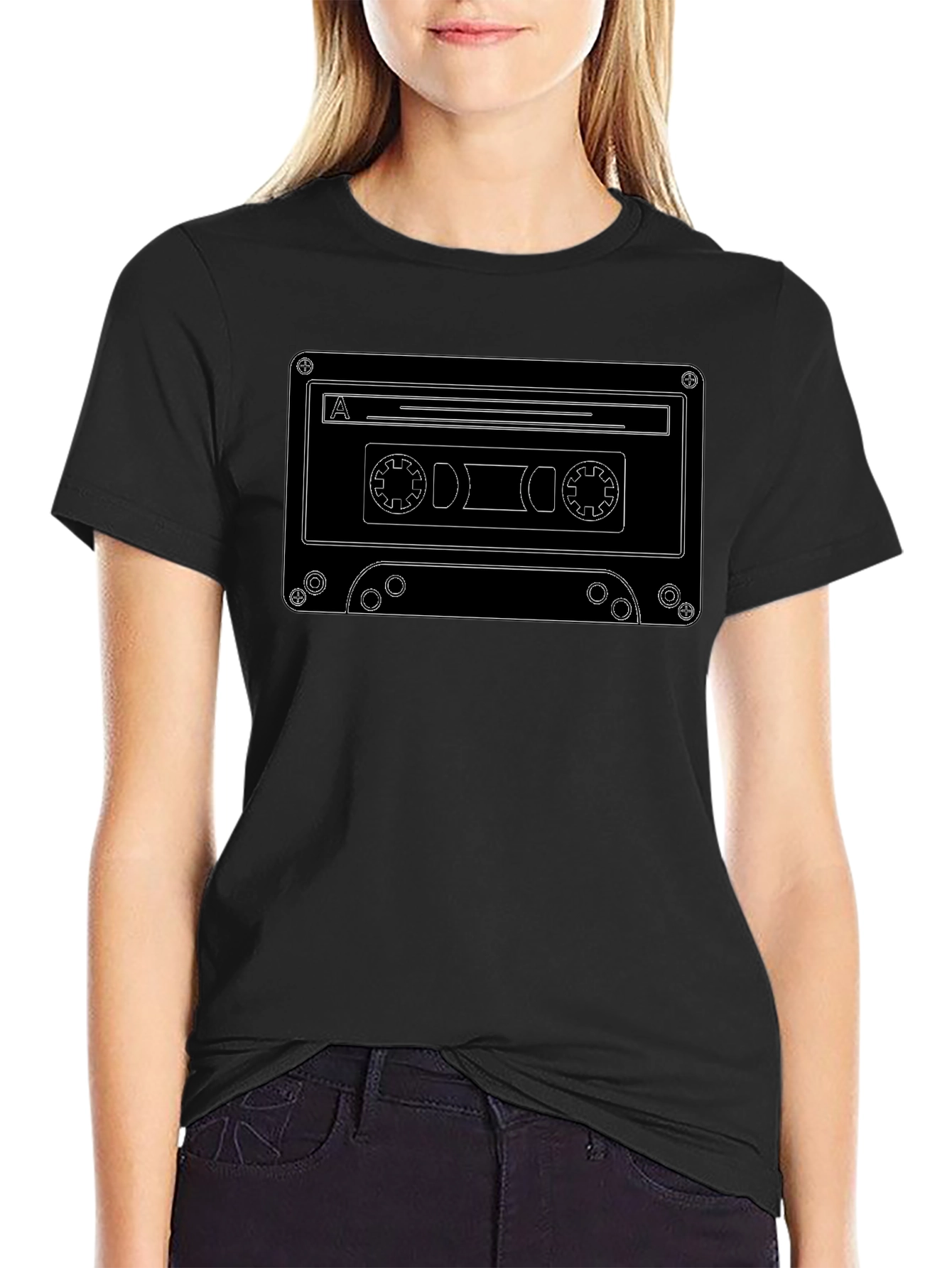 Retro Cassette Tape Graphic Tee - Black Cotton T-Shirt