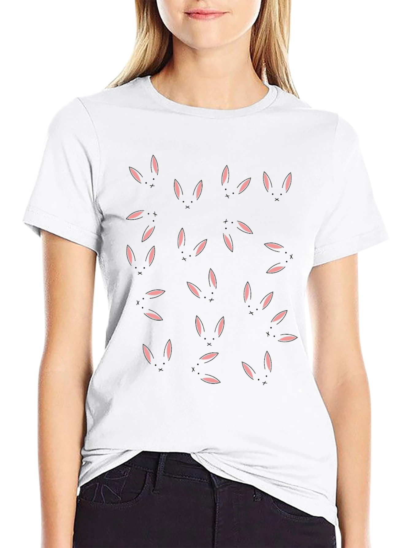 Cute Bunny Print Black T-Shirt - Casual Comfort