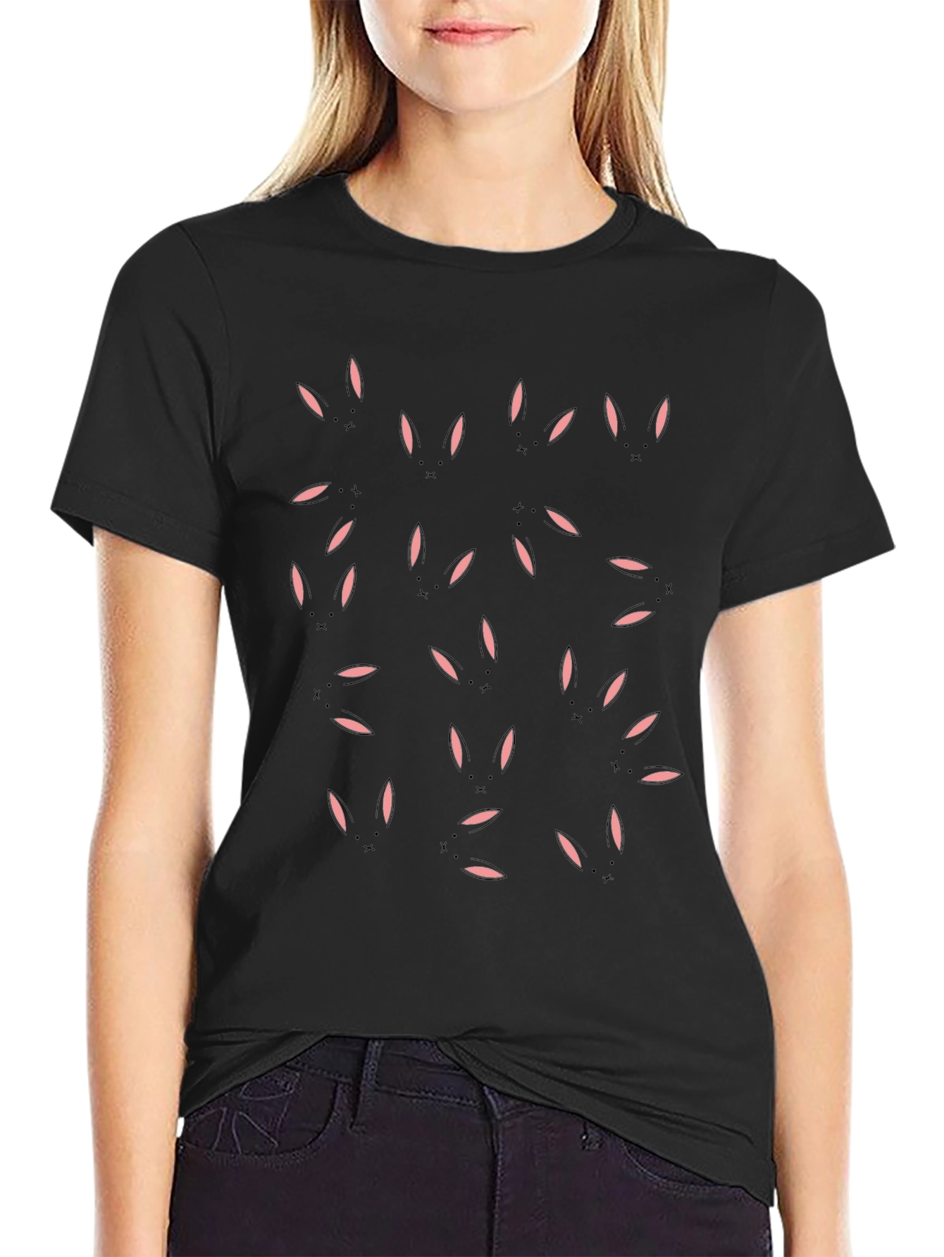 Cute Bunny Print Black T-Shirt - Casual Comfort