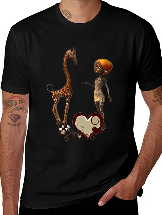 Giraffe & Cartoon Woman Graphic Black T-Shirt