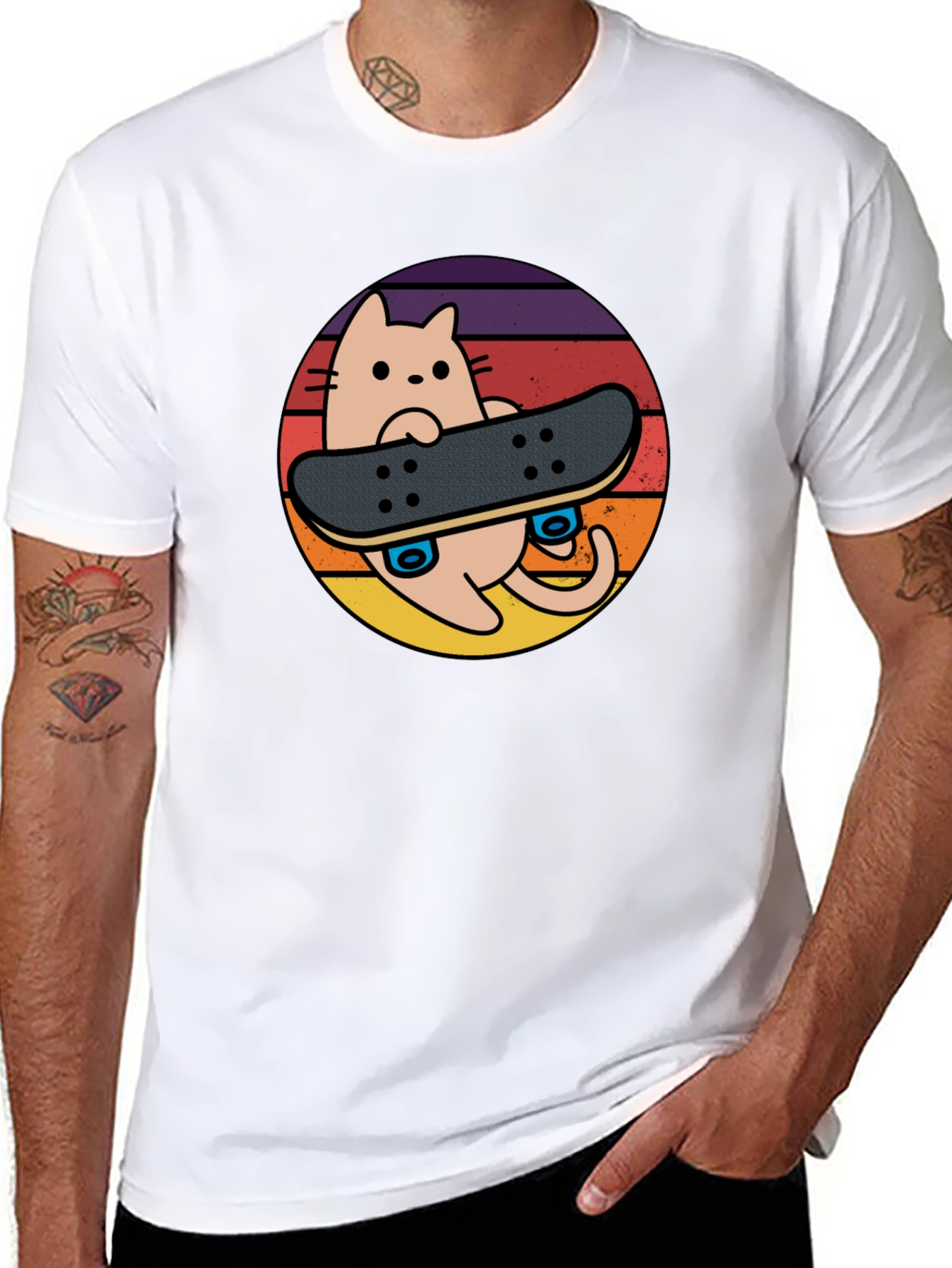 Cool Cat Skateboard T-Shirt - Retro Sunset Design