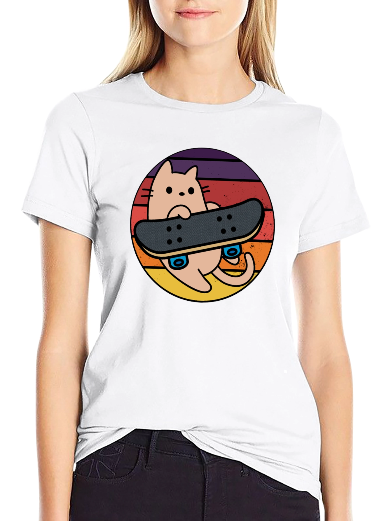 Cool Cat Skateboard T-Shirt - Retro Sunset Design