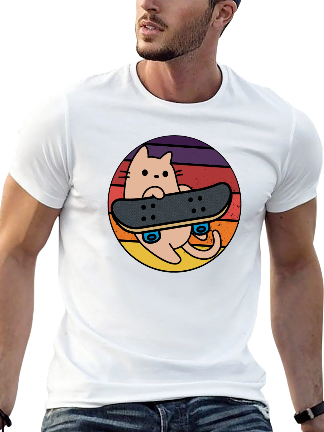 Cool Cat Skateboard T-Shirt - Retro Sunset Design