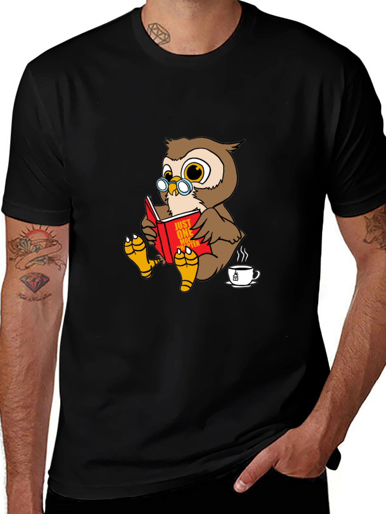 Owl Reading Book Black Graphic Tee