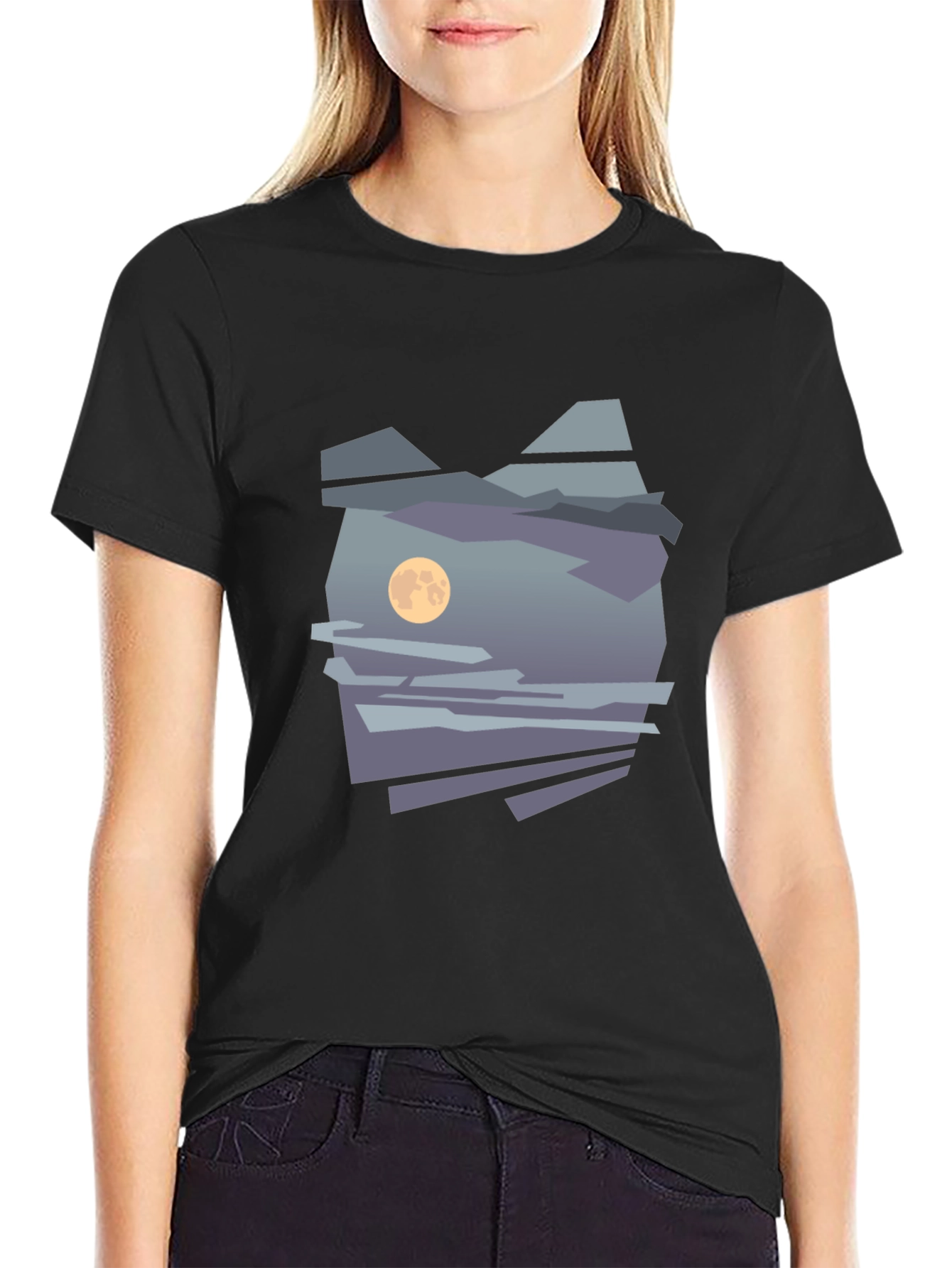 Abstract Moon & Mountain Graphic Tee - Black