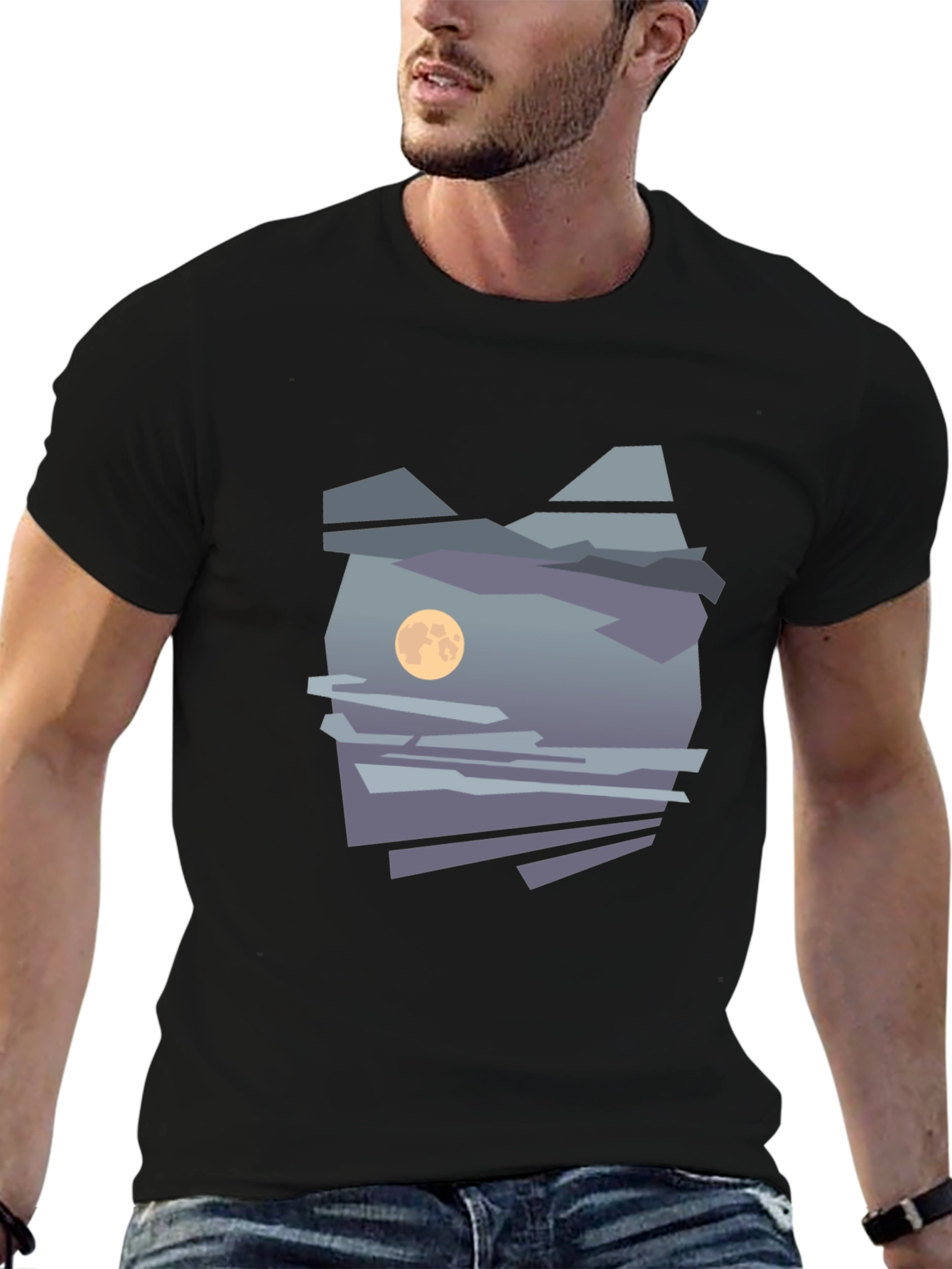 Abstract Moon & Mountain Graphic Tee - Black