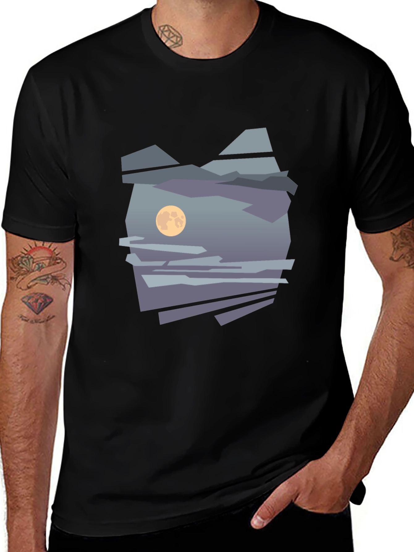 Abstract Moon & Mountain Graphic Tee - Black