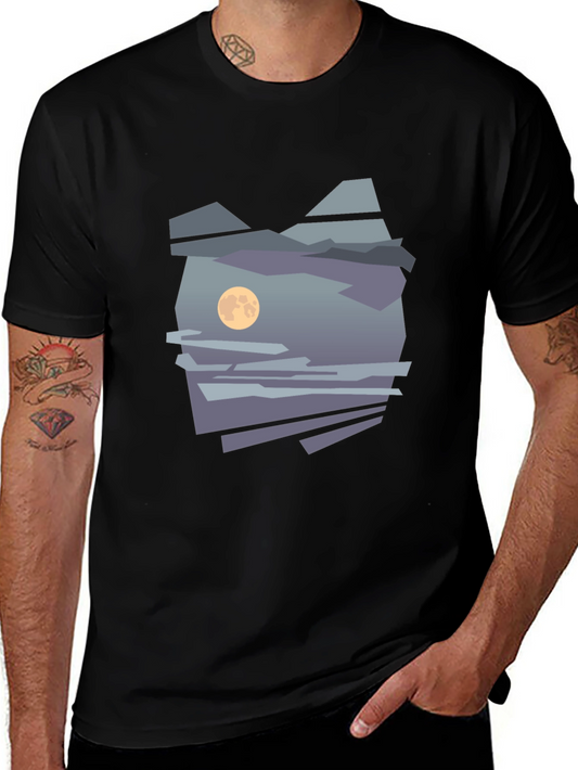 Abstract Moon & Mountain Graphic Tee - Black