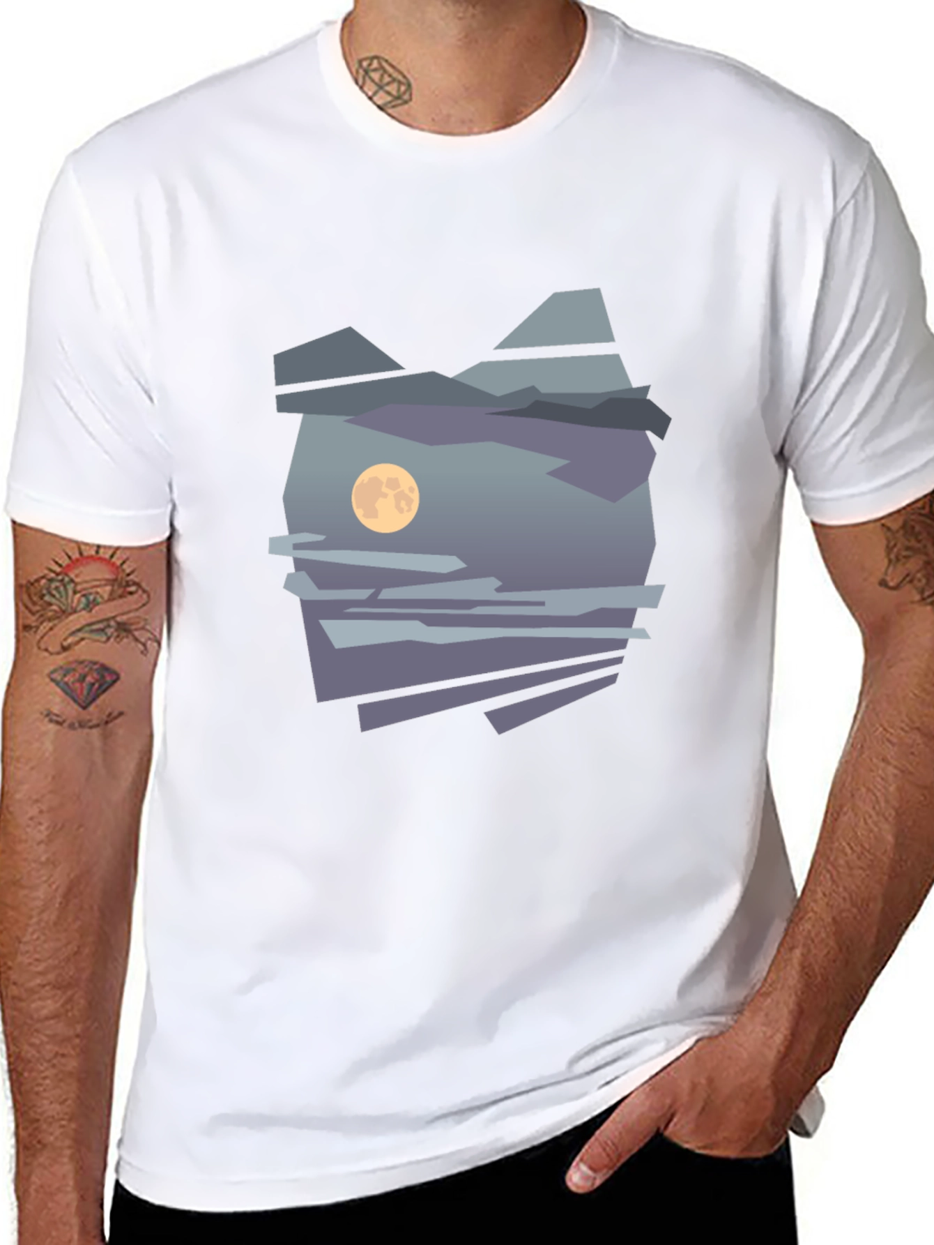 Abstract Moon & Mountain Graphic Tee - Black