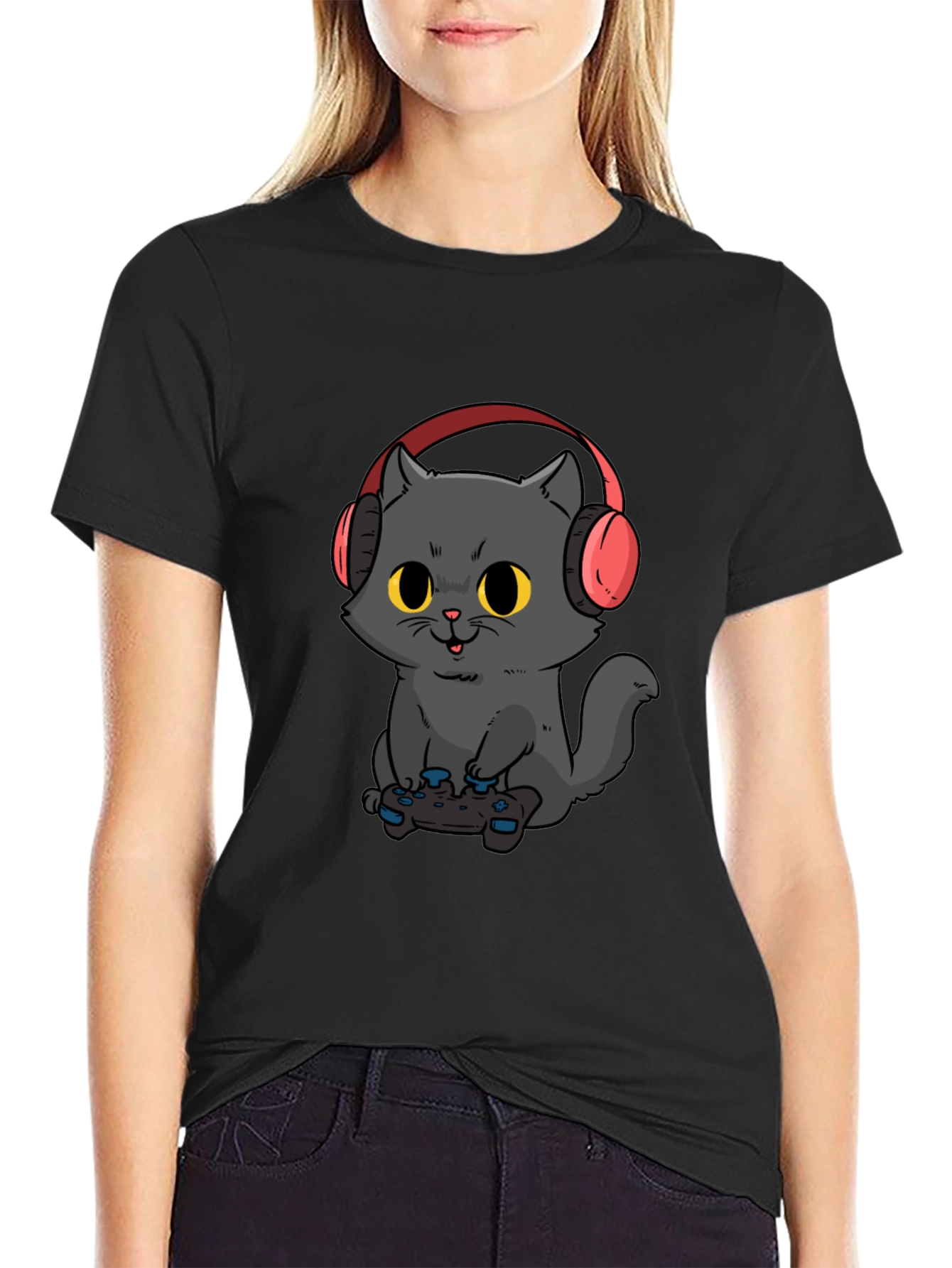 Gamer Cat T-Shirt - Black Cotton Blend