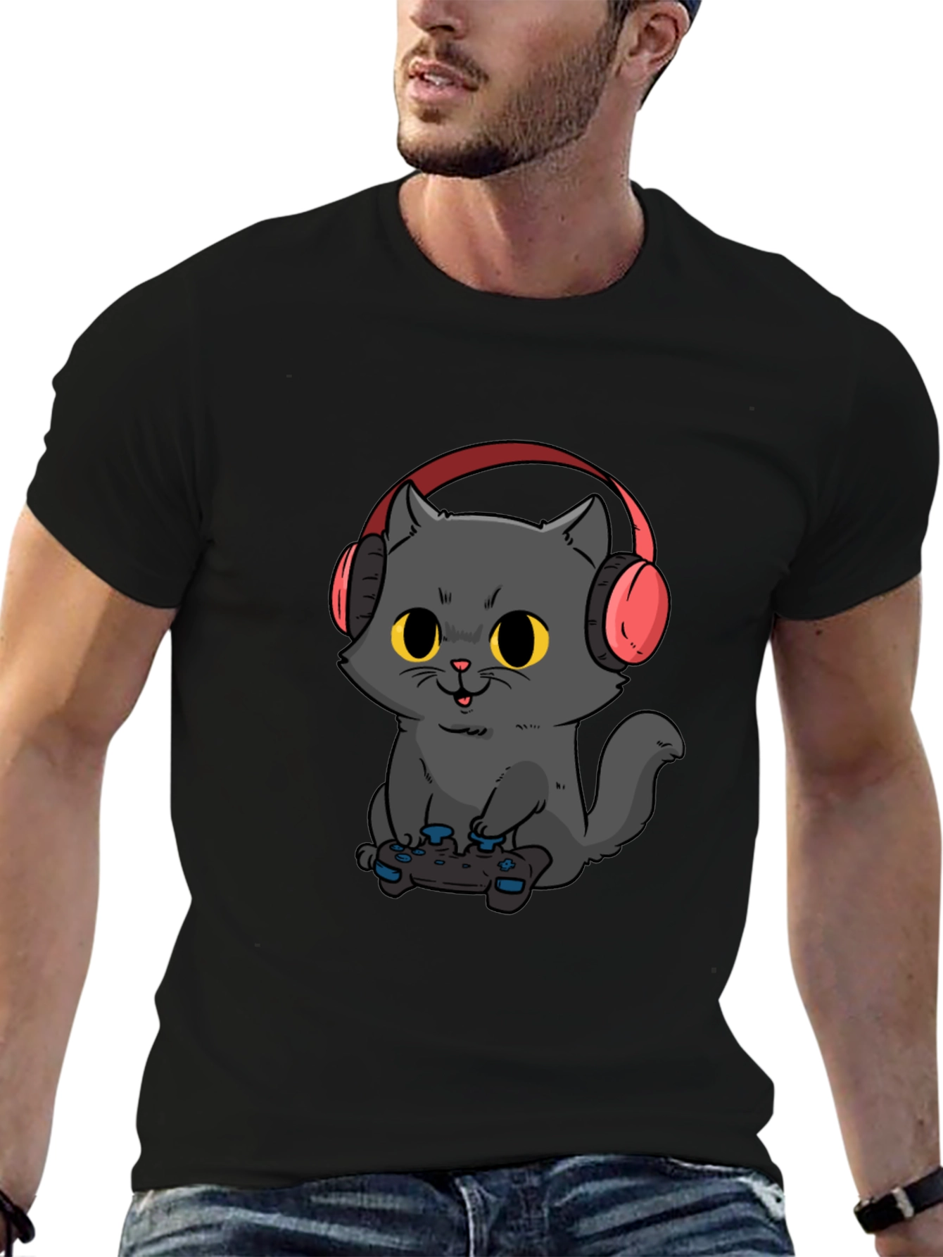 Gamer Cat T-Shirt - Black Cotton Blend