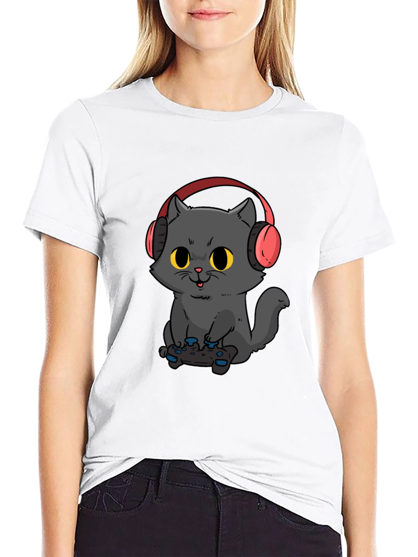 Gamer Cat T-Shirt - Black Cotton Blend