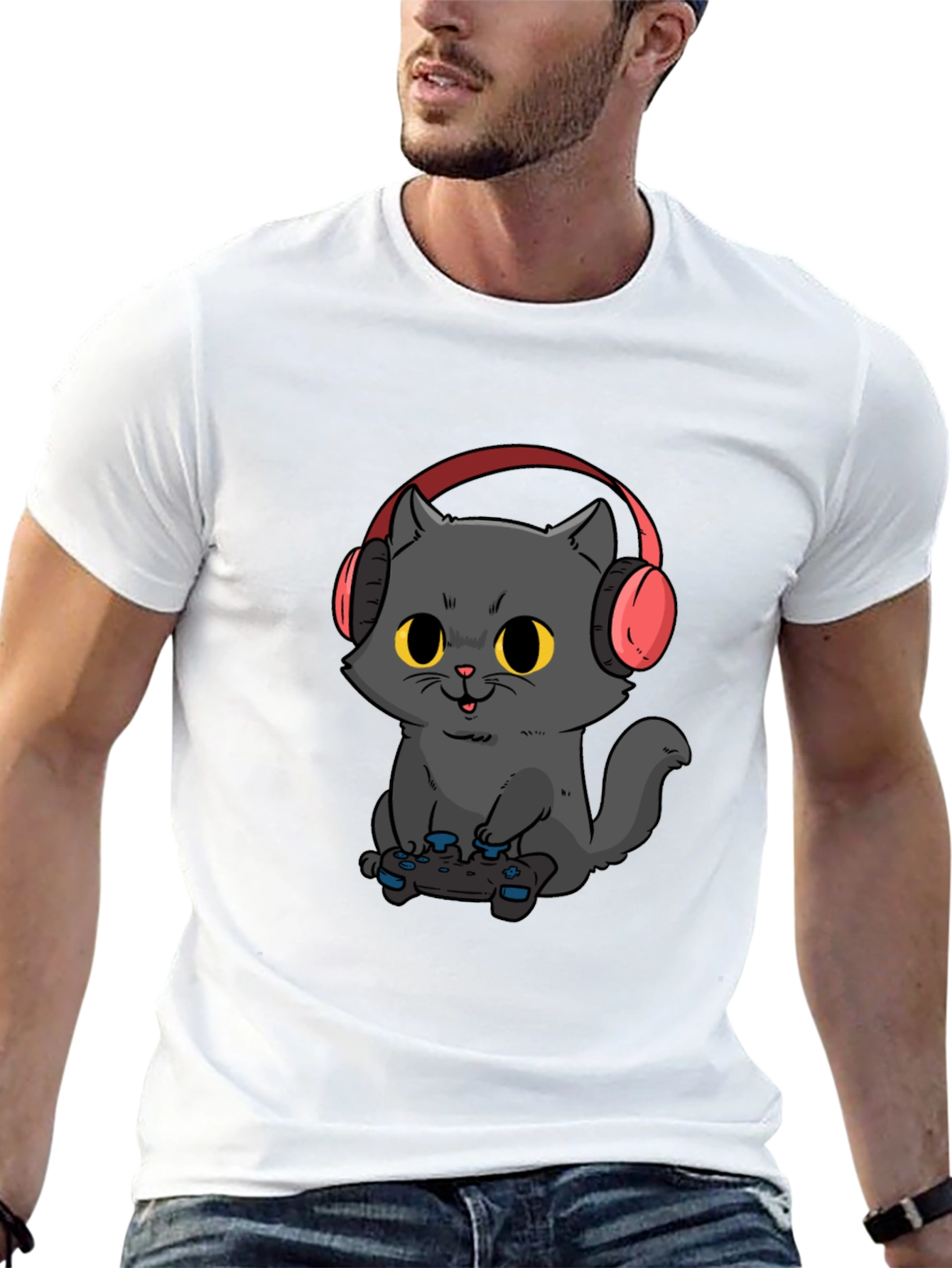 Gamer Cat T-Shirt - Black Cotton Blend