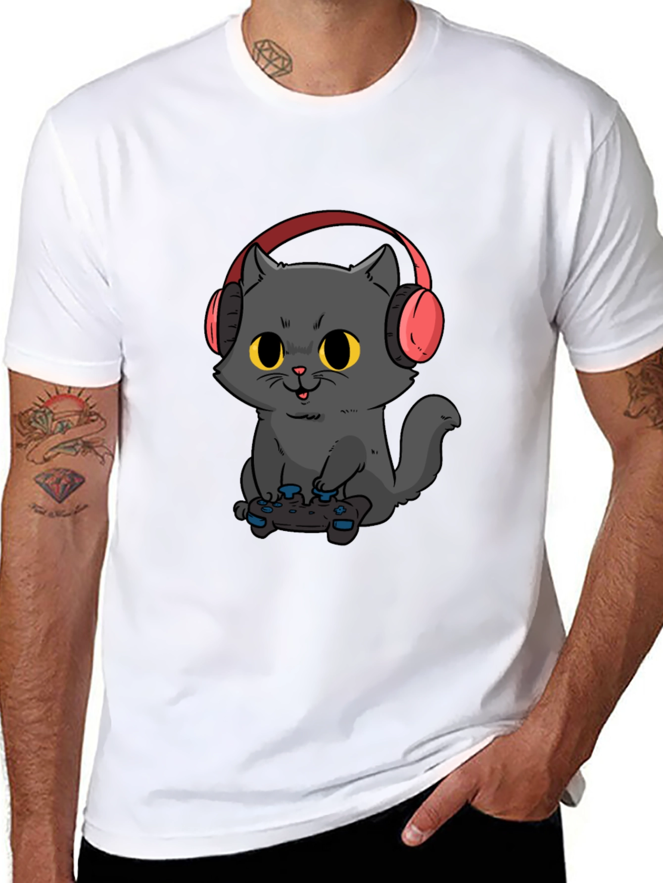 Gamer Cat T-Shirt - Black Cotton Blend