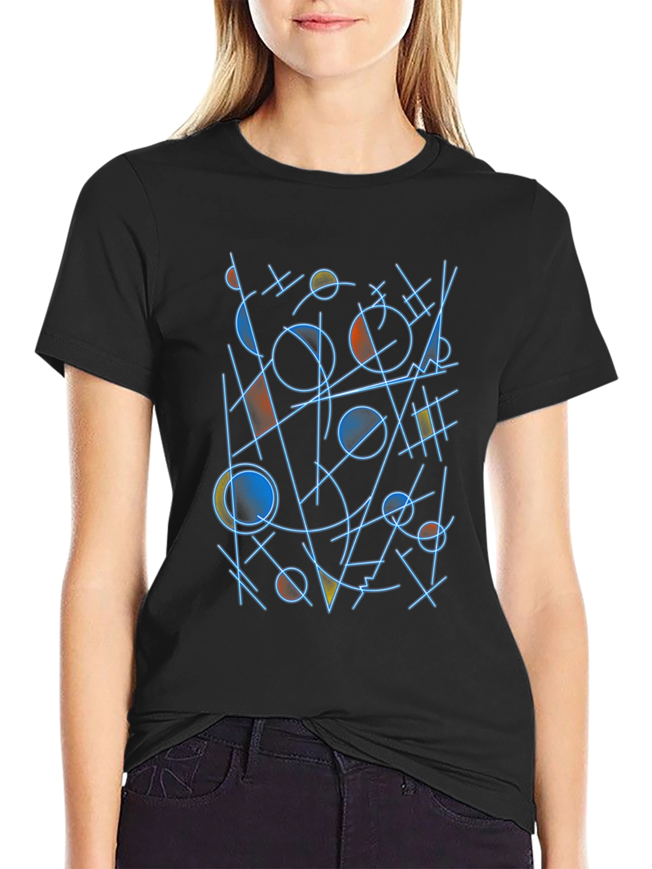 Abstract Geometric Line Art Black T-Shirt