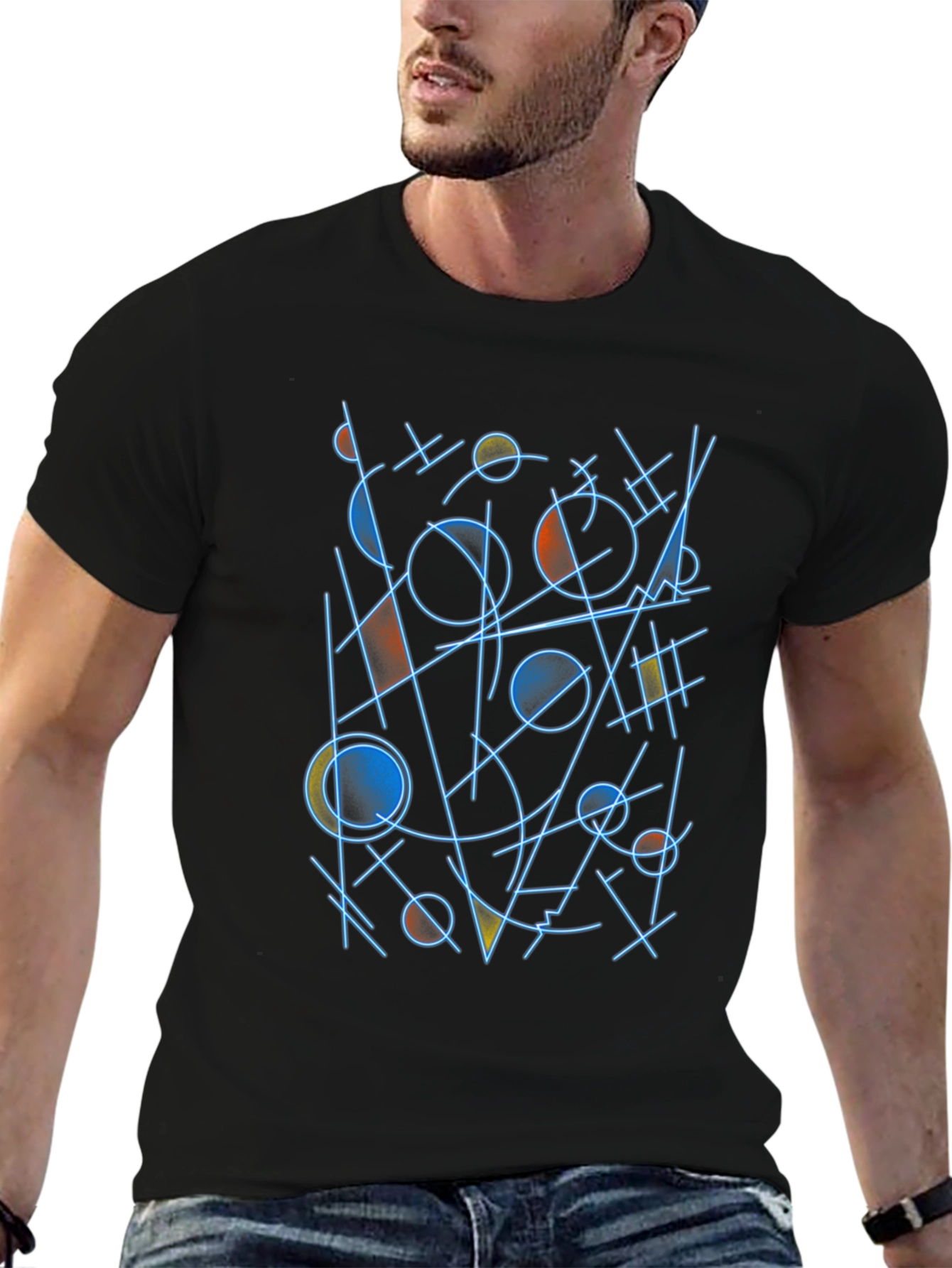 Abstract Geometric Line Art Black T-Shirt