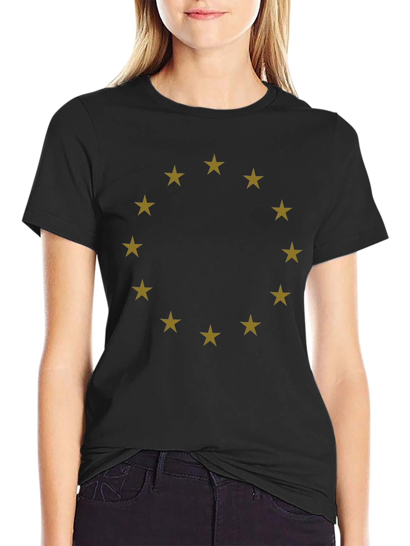 Stylish Black Tee with Gold Star Circle Design